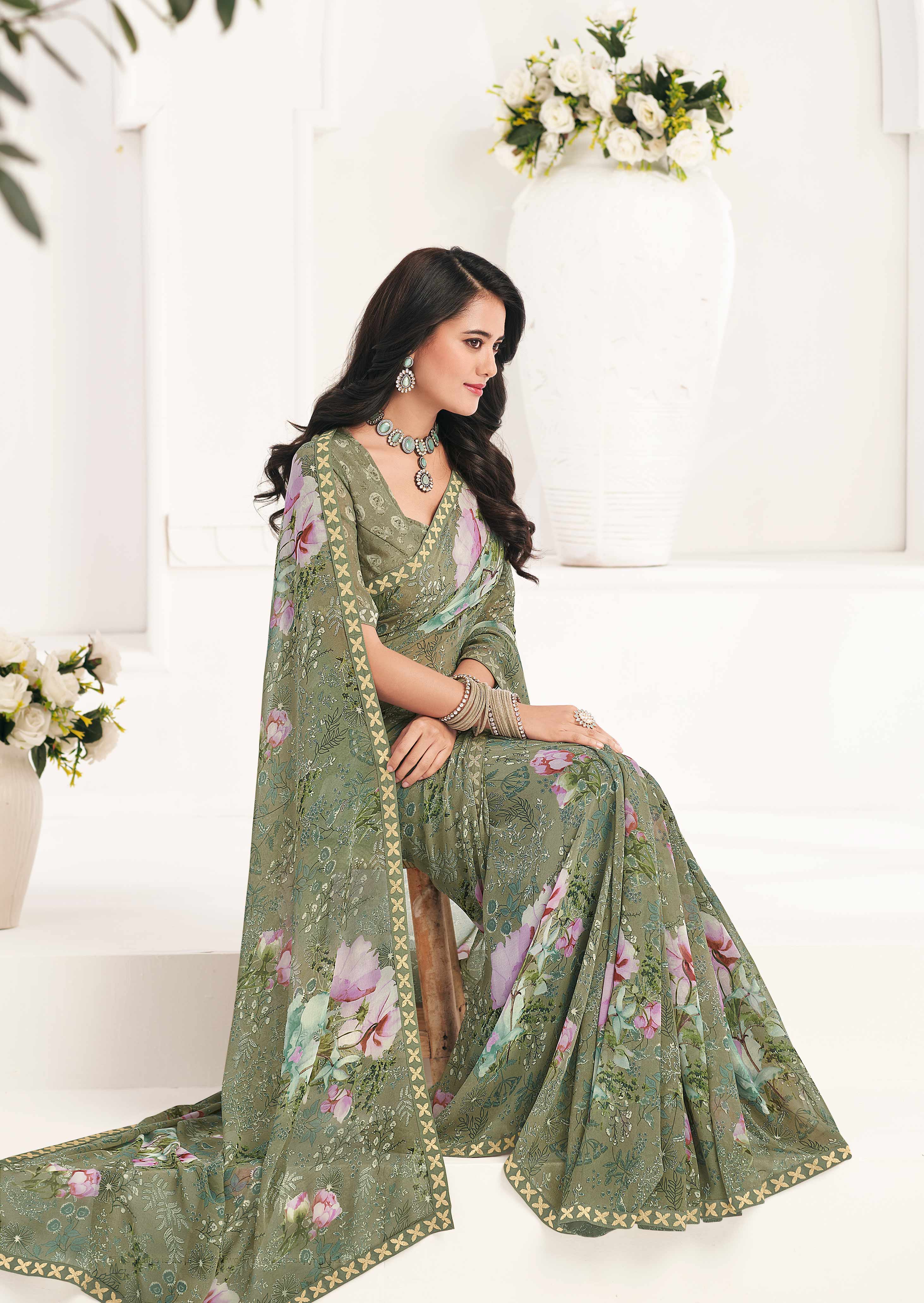 Green Floral Georgette Saree - Gulabo