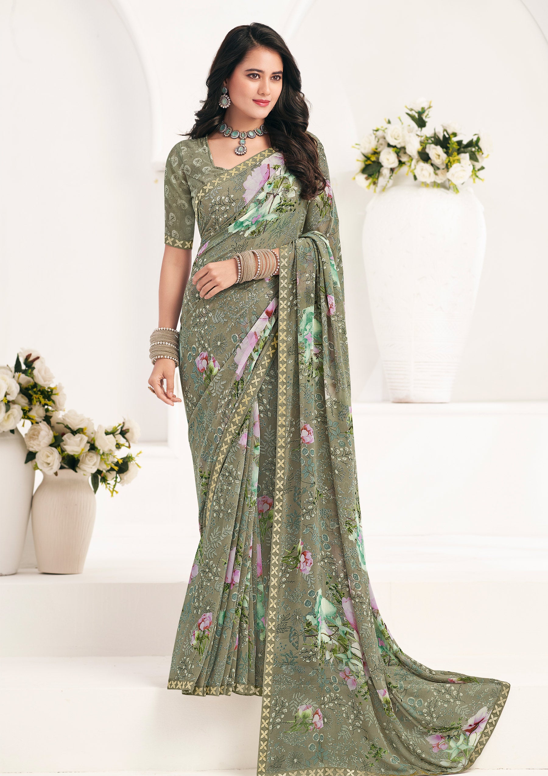 Green Floral Georgette Saree - Gulabo