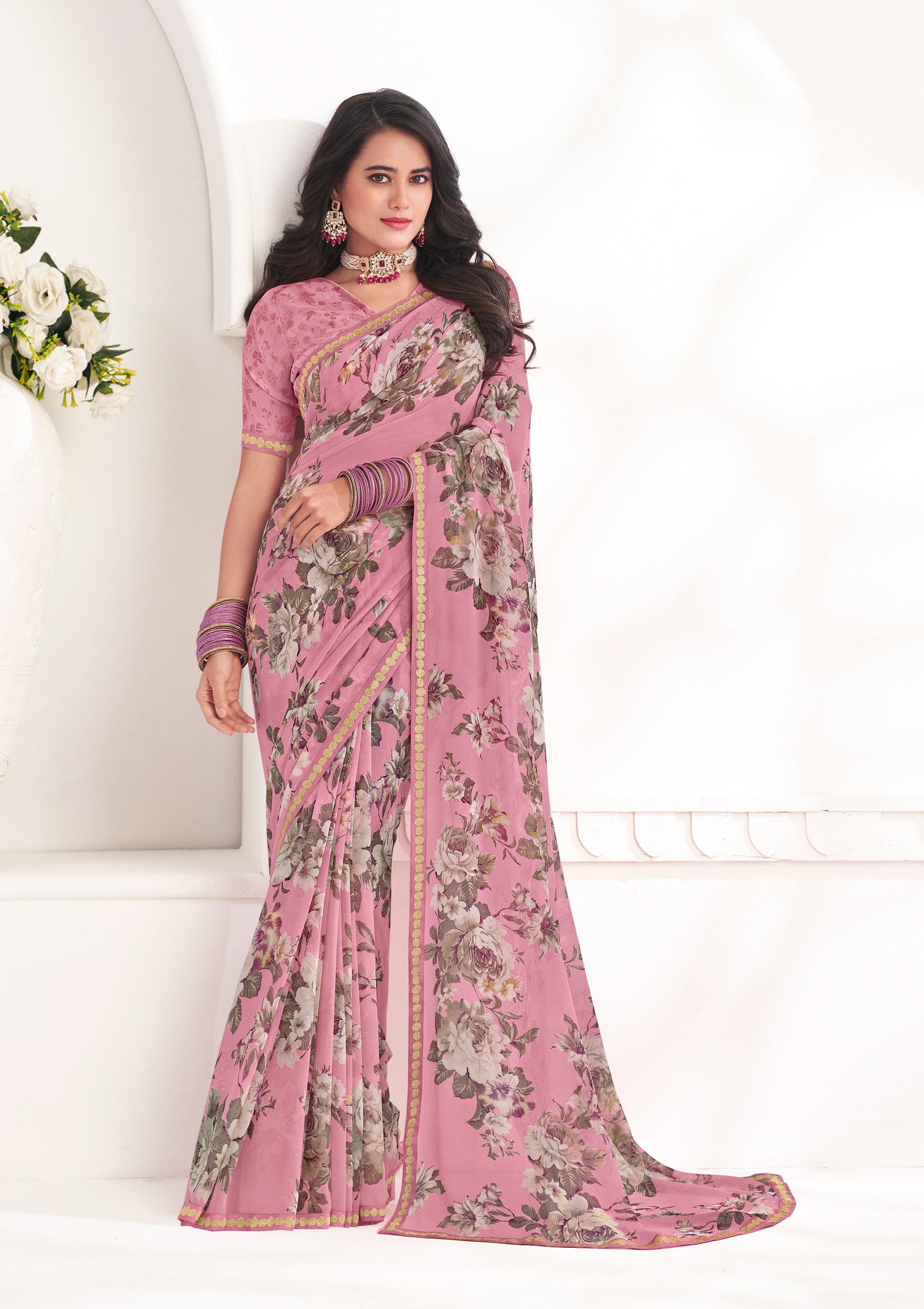 Ready to Wear Purple Floral Georgette Saree - Gulabo