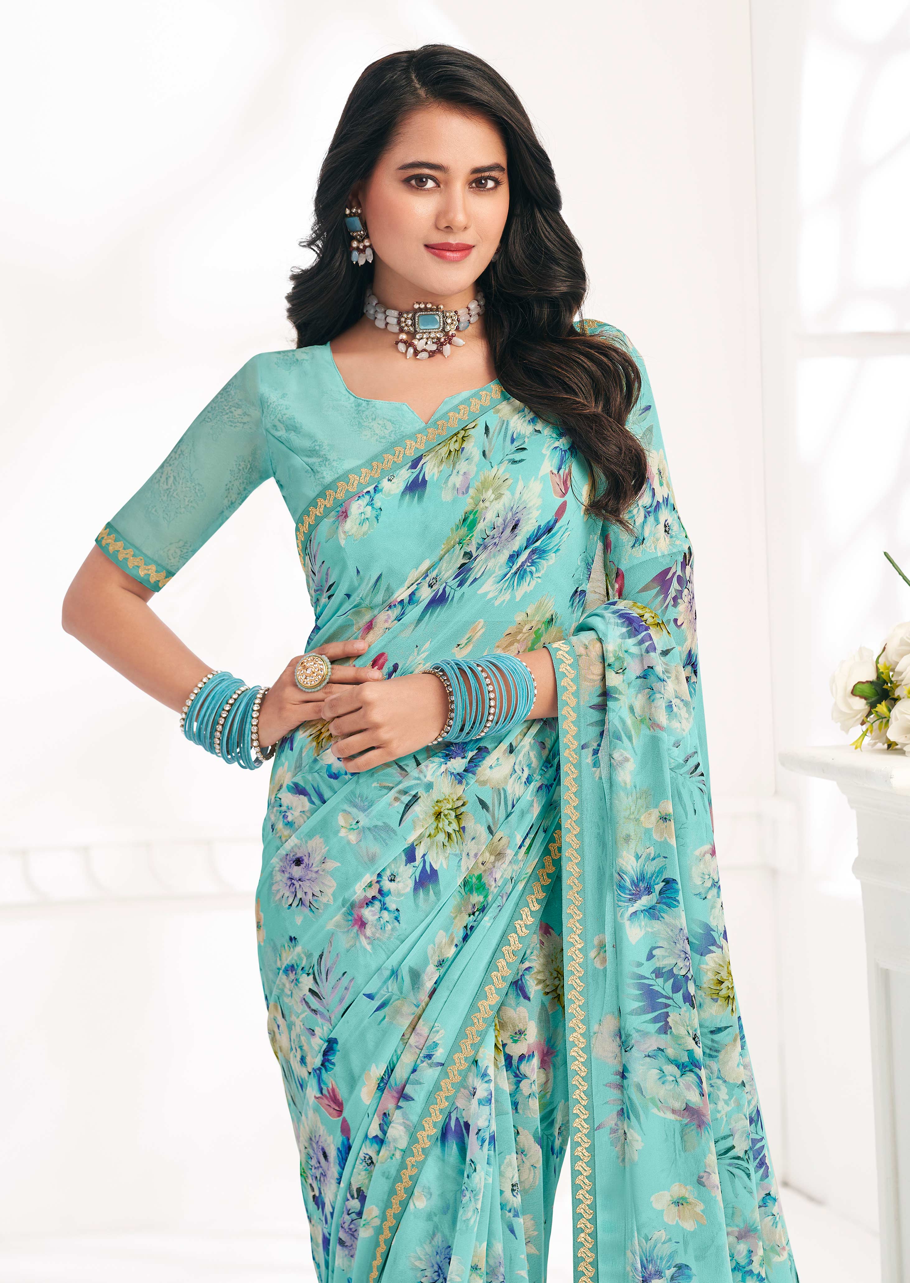 Blue Floral Georgette Saree - Gulabo