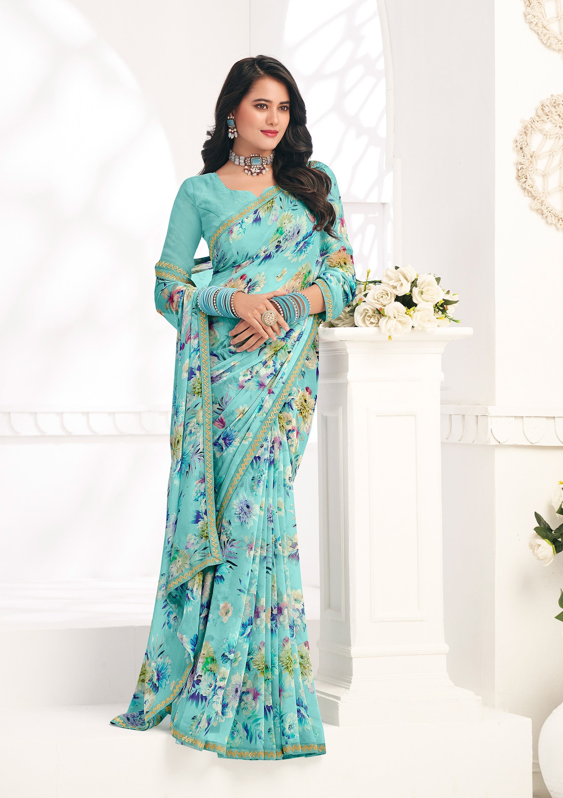 Blue Floral Georgette Saree - Gulabo