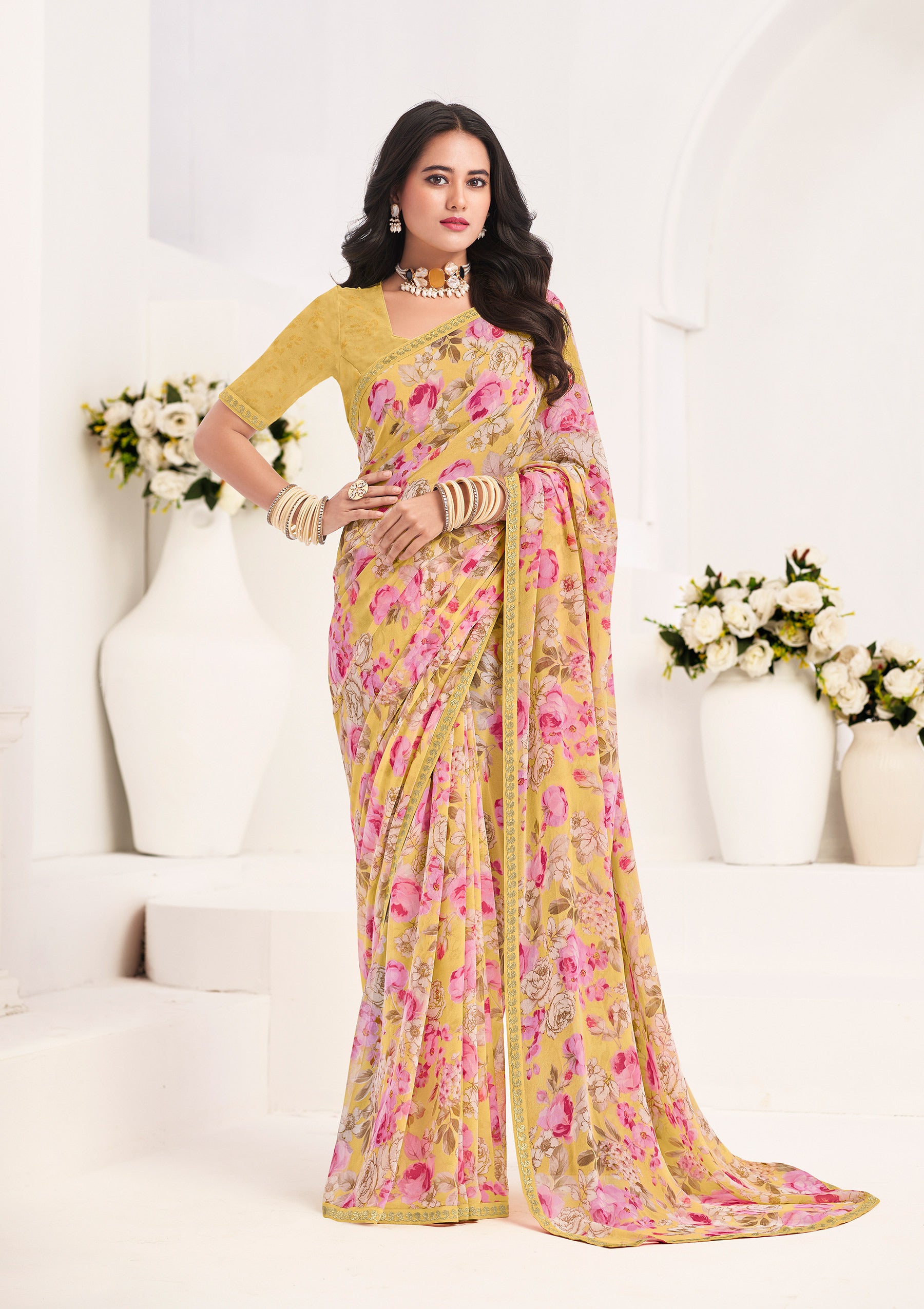 Mustard Floral Georgette Saree - Gulabo