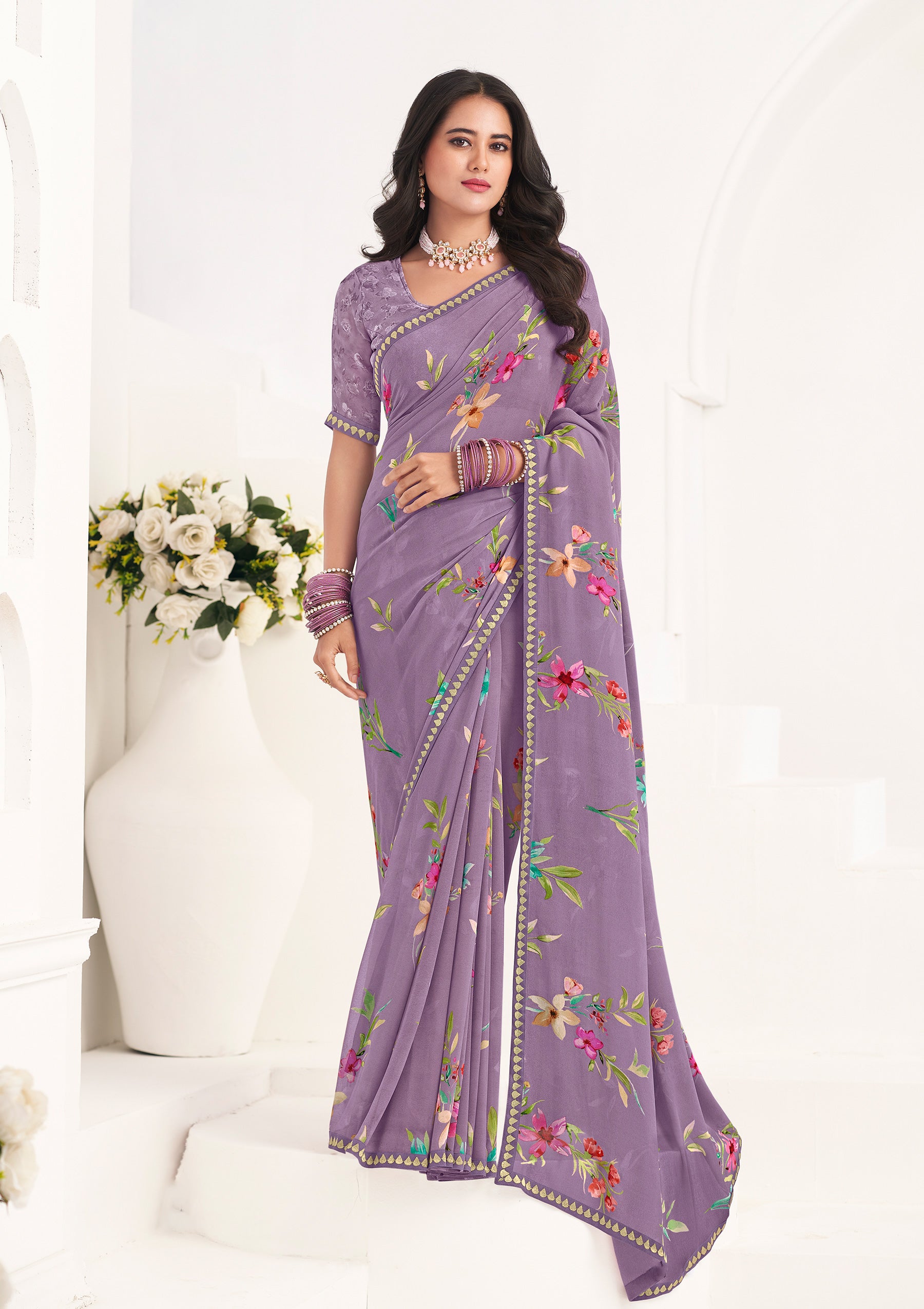 Purple Floral Georgette Saree - Gulabo