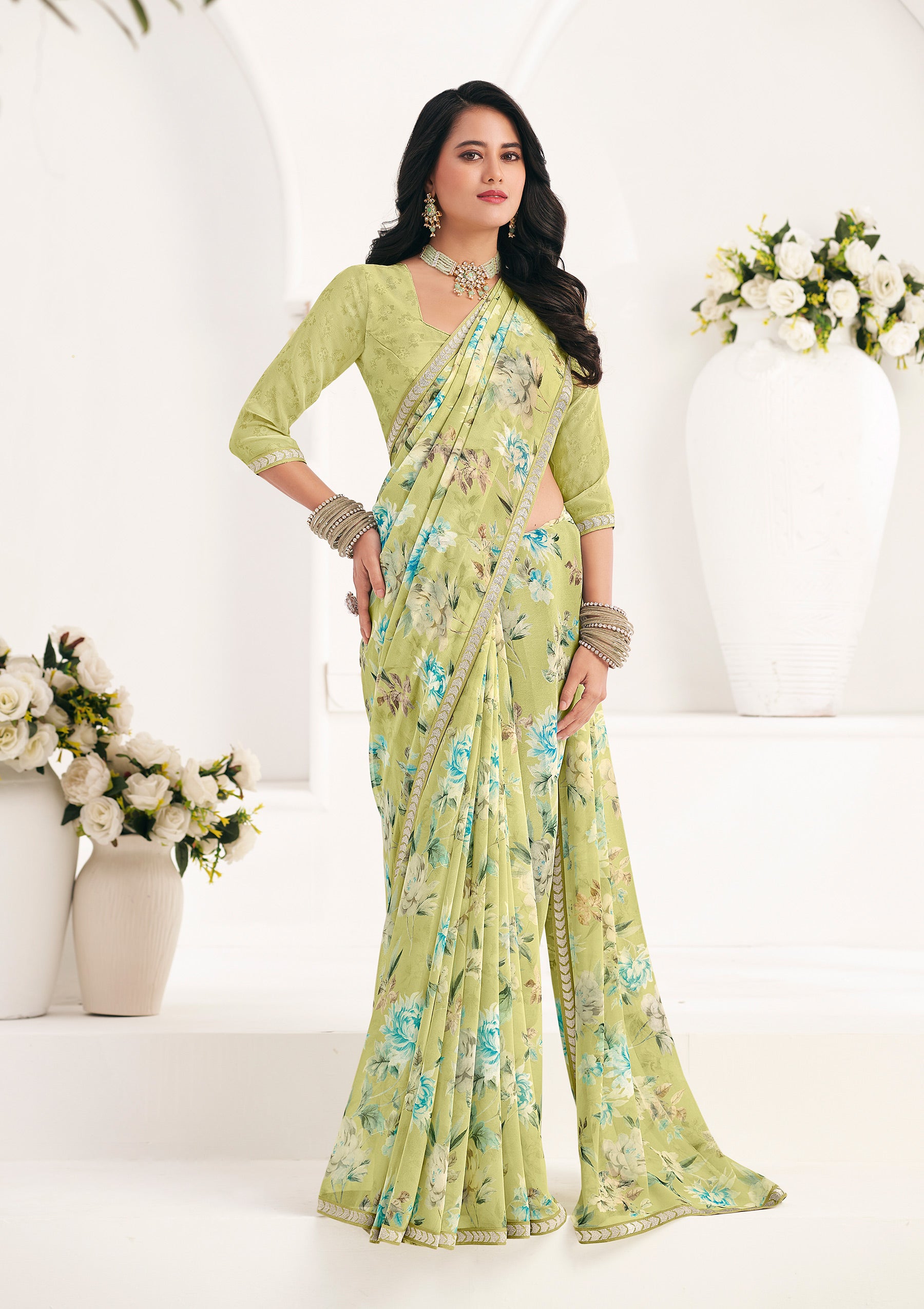 Ready to Wear Yellow Floral Georgette Saree - Gulabo