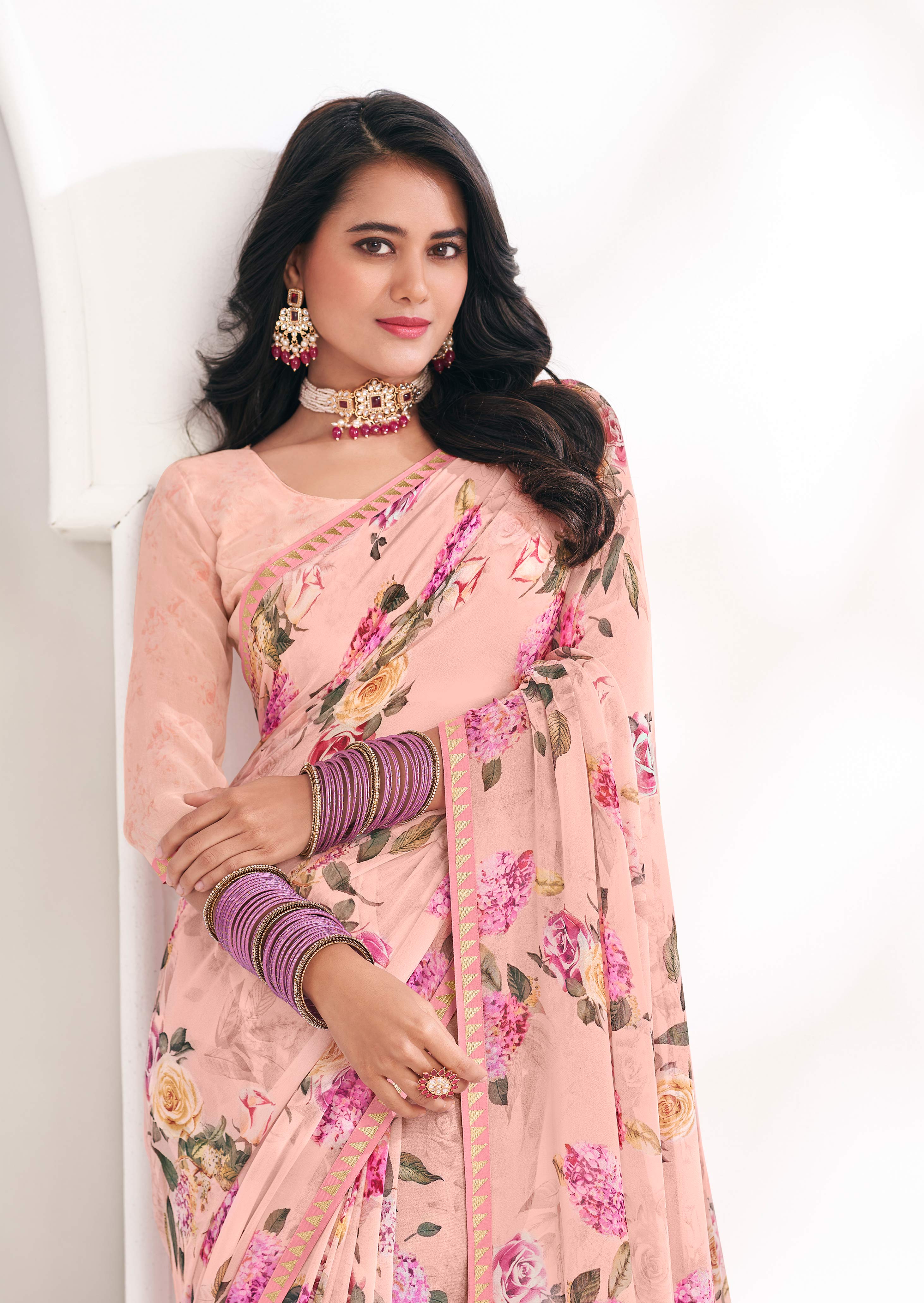 Peach Floral Georgette Saree - Gulabo