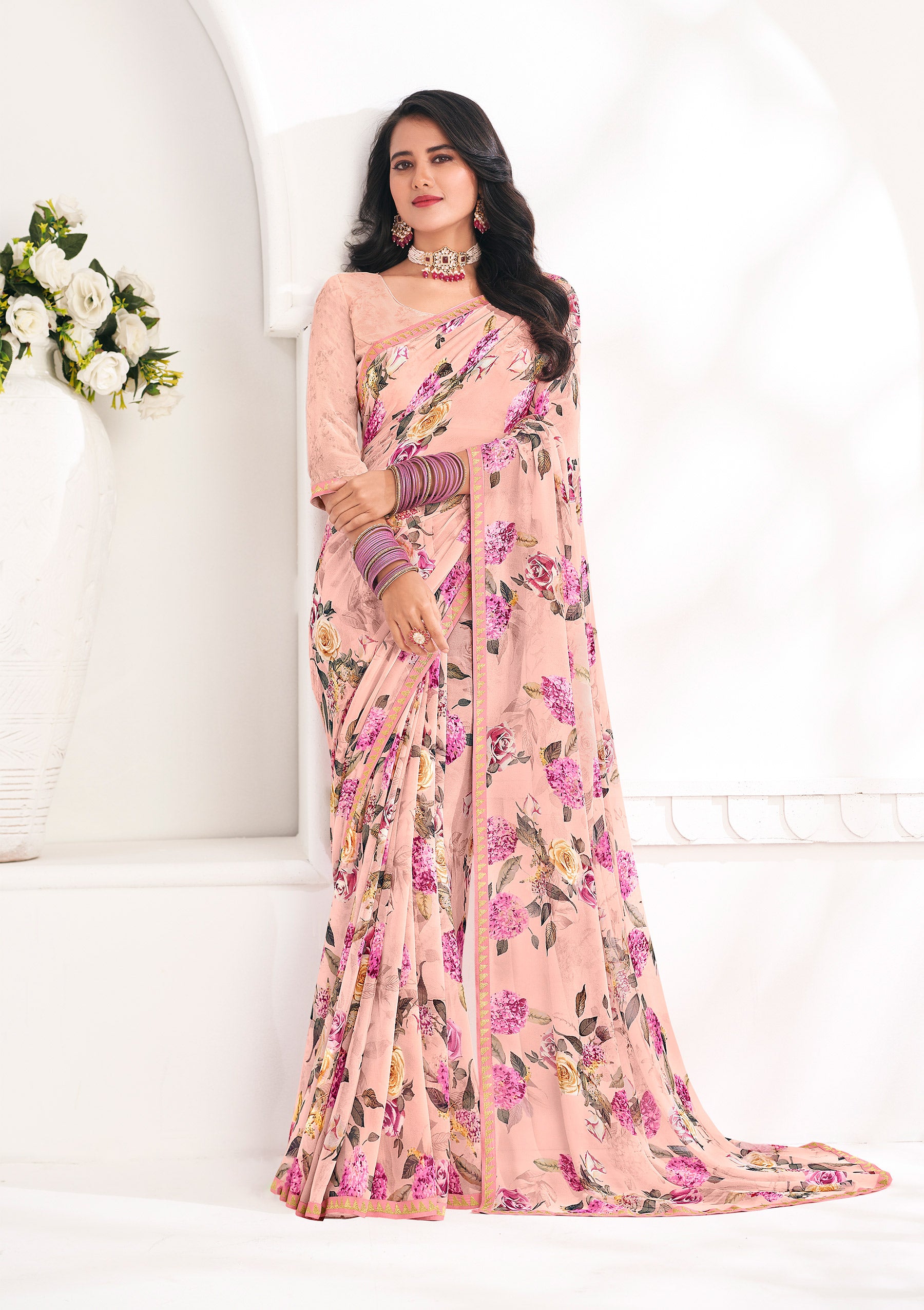 Peach Floral Georgette Saree - Gulabo