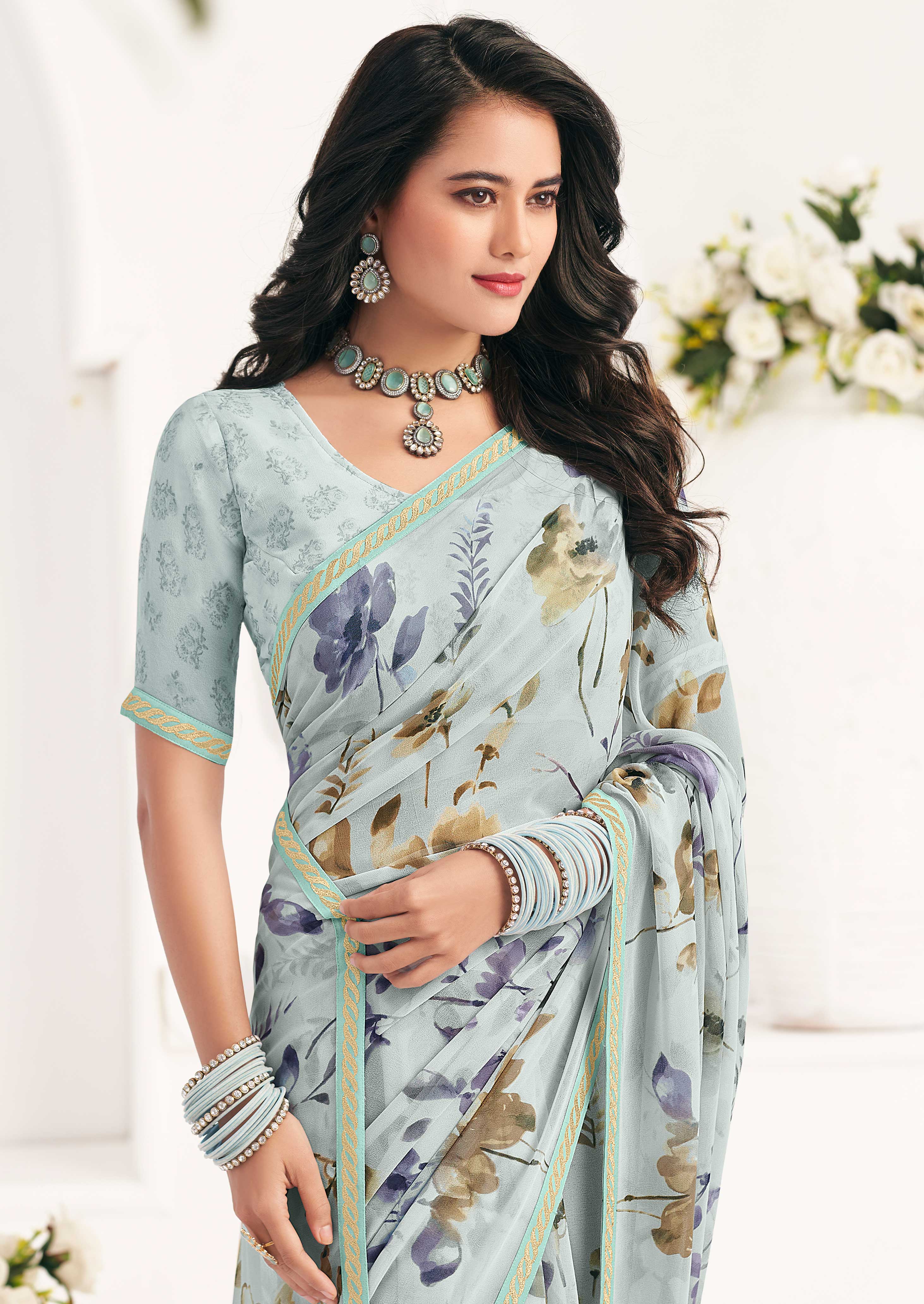 Grey Floral Georgette Saree - Gulabo
