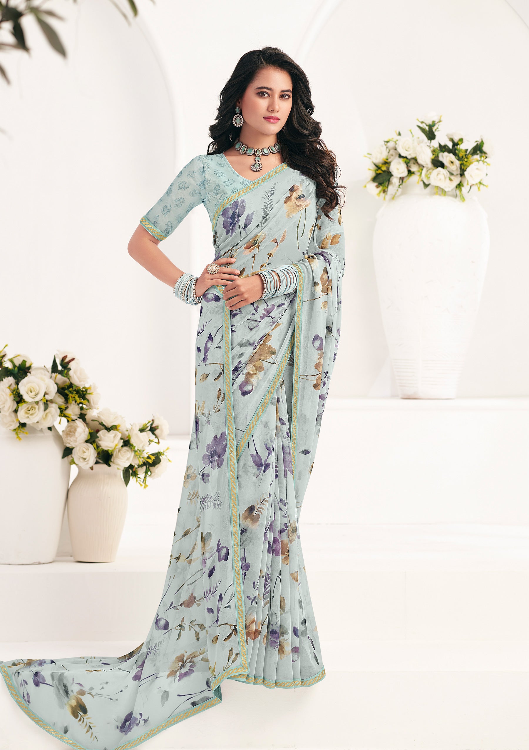 Grey Floral Georgette Saree - Gulabo