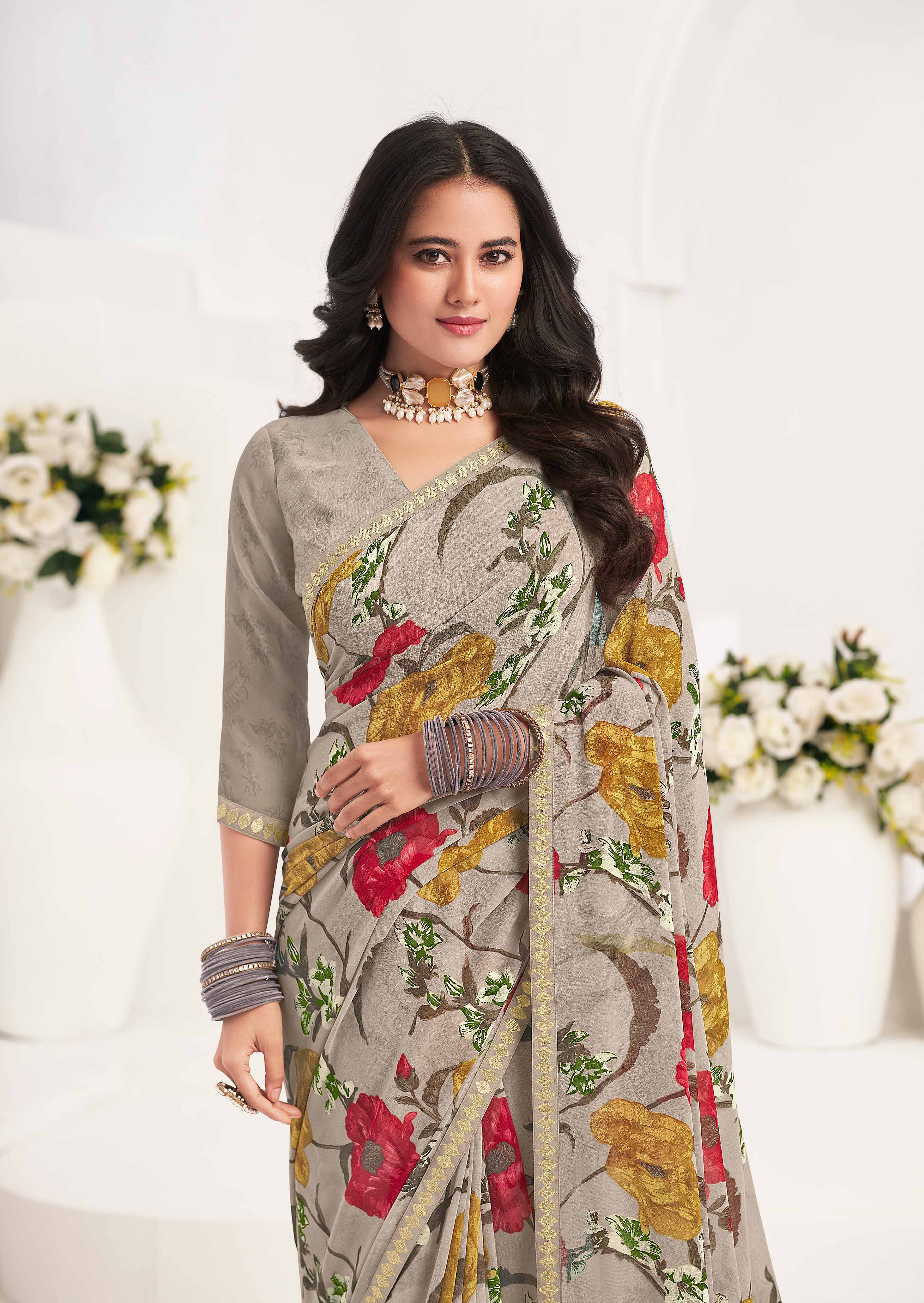 Brown Floral Georgette Saree - Gulabo