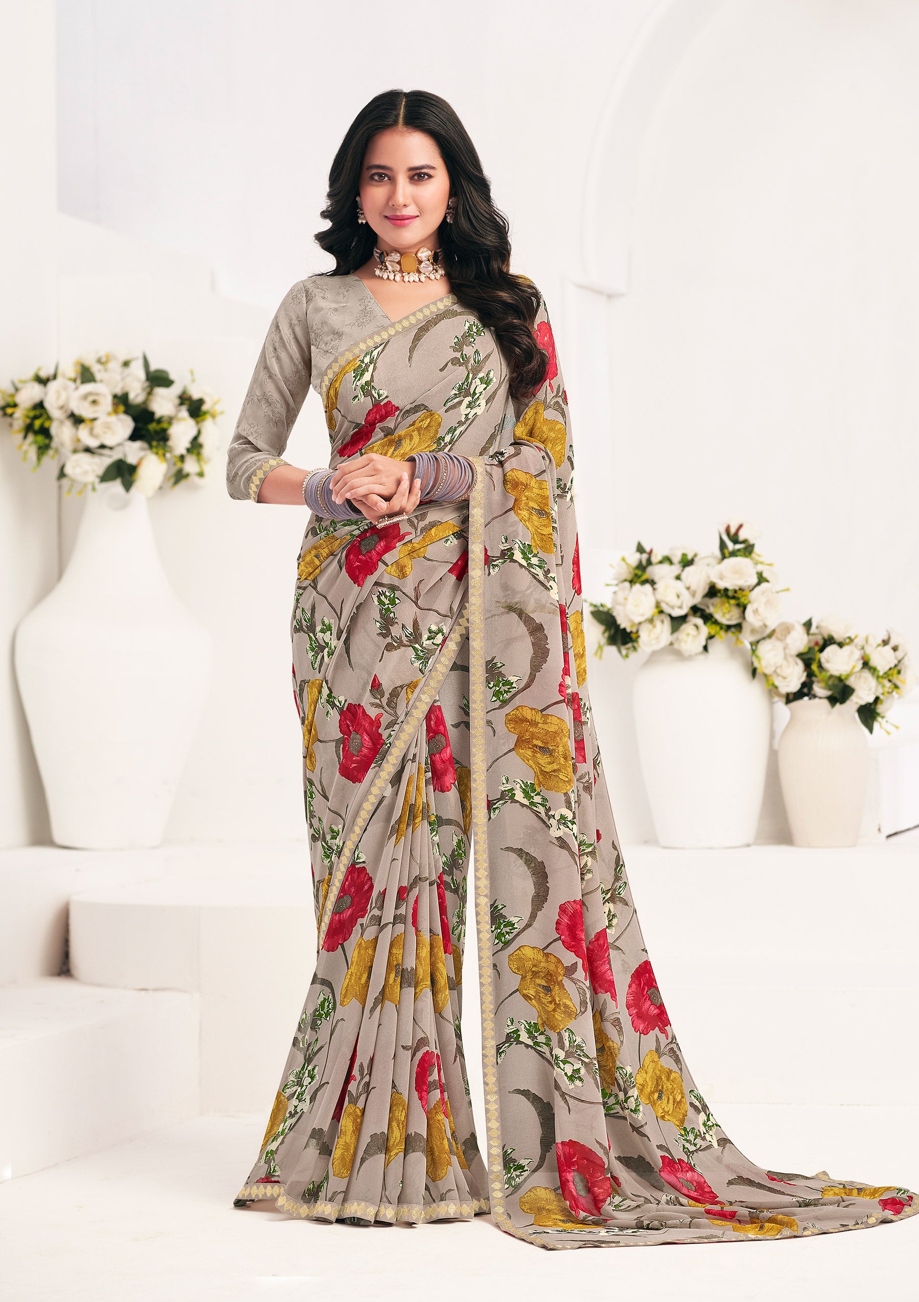 Brown Floral Georgette Saree - Gulabo