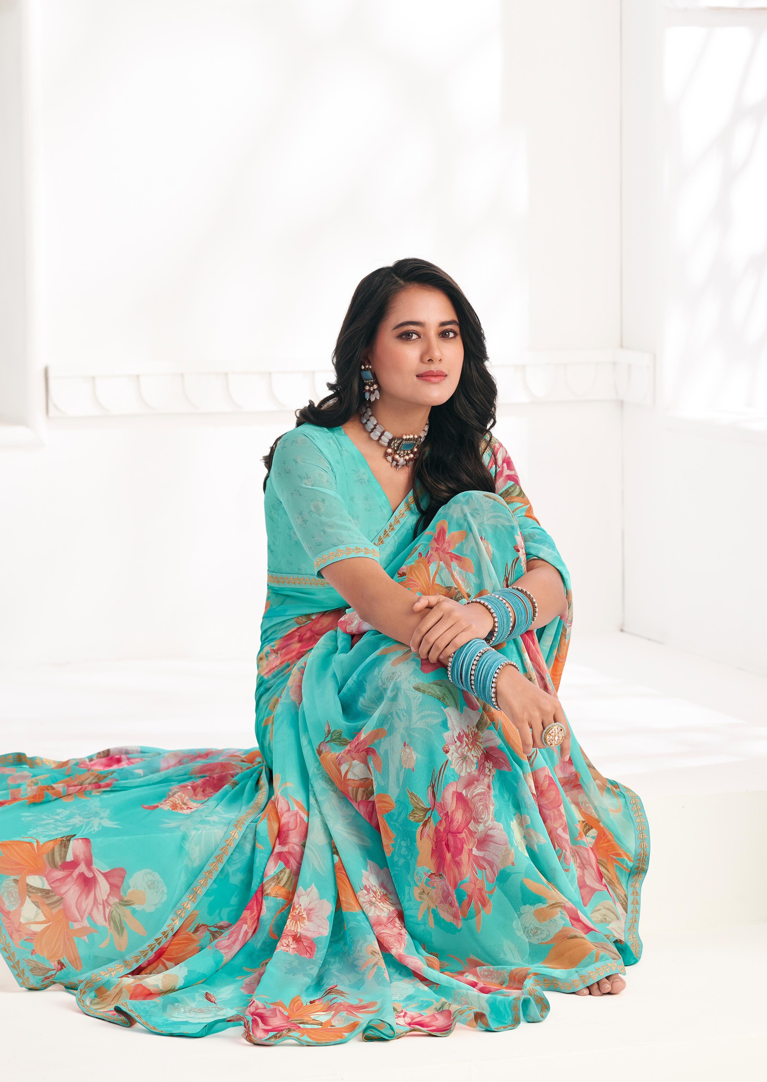 Blue Floral Georgette Saree - Gulabo