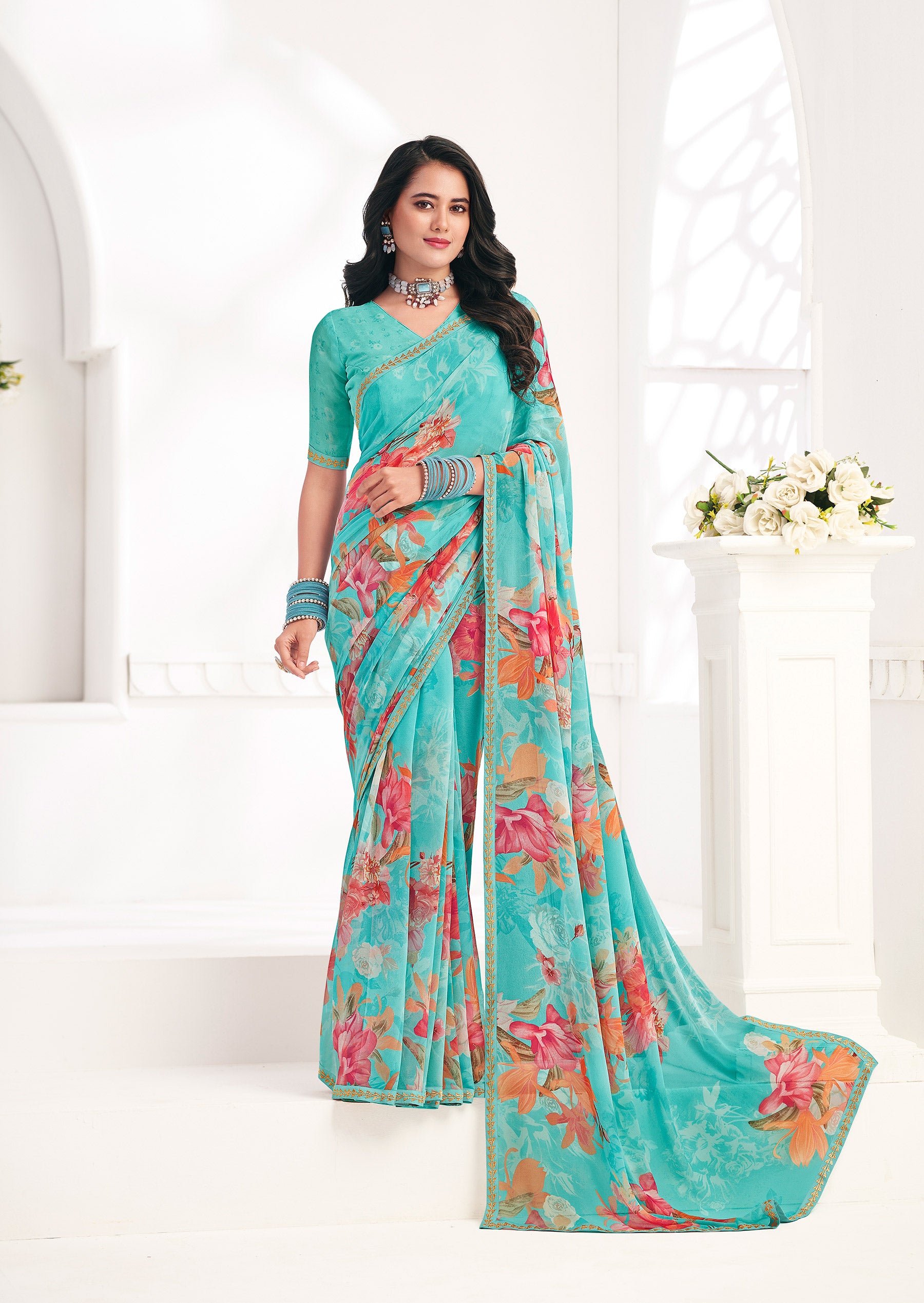 Blue Floral Georgette Saree - Gulabo