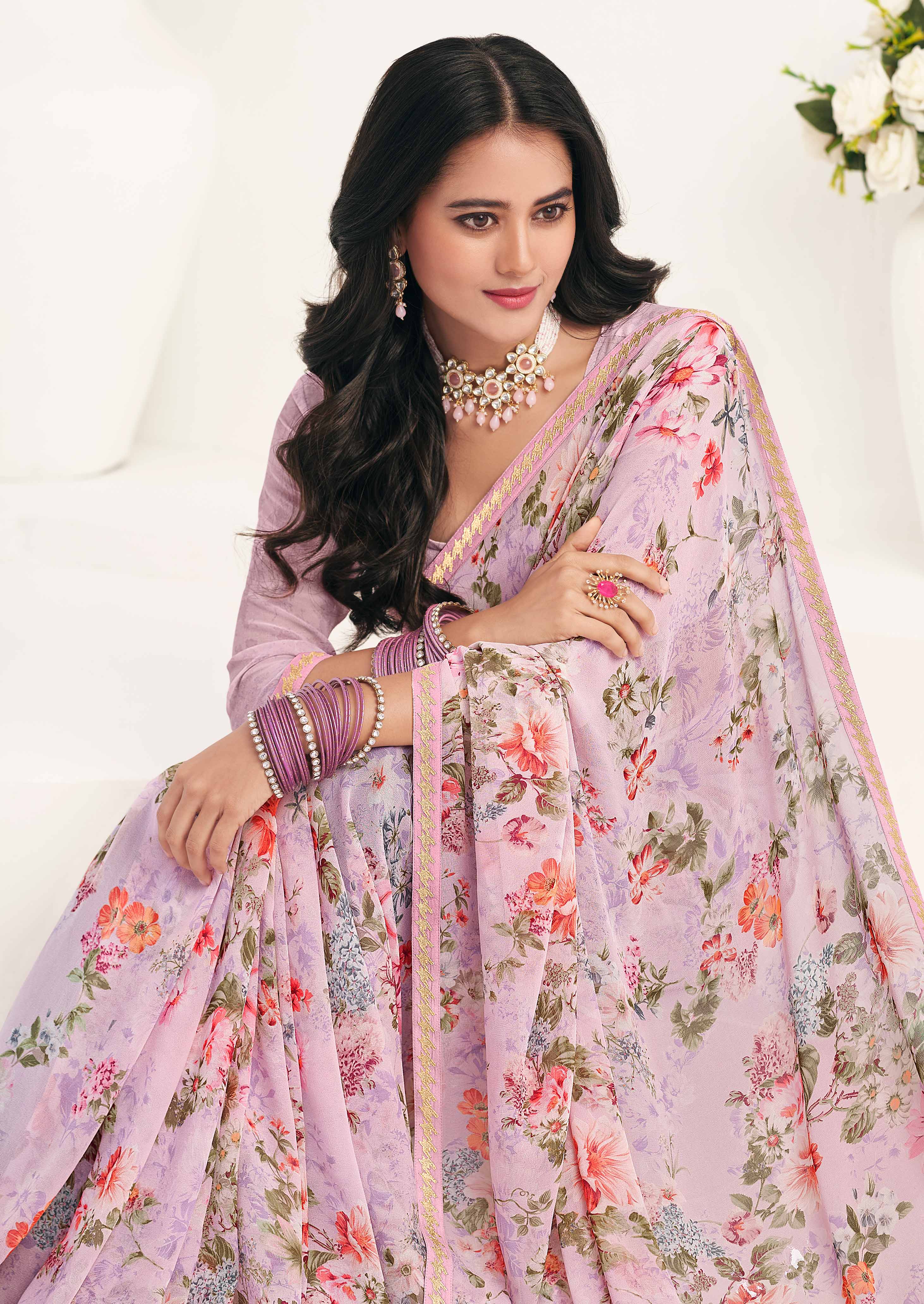 Ready to Wear Lavender Floral Georgette Saree - Gulabo