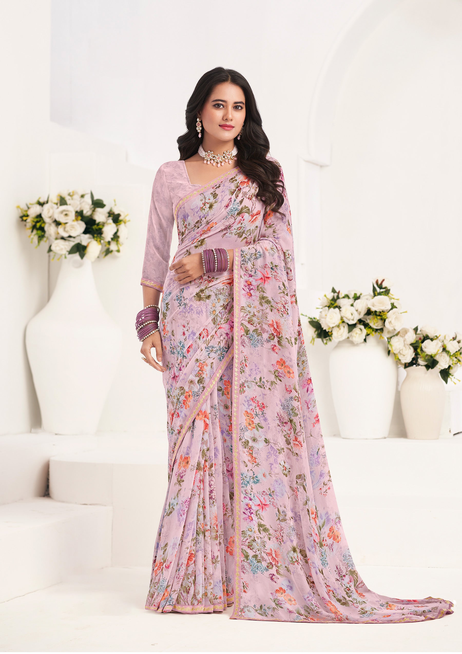 Lavender Floral Georgette Saree - Gulabo