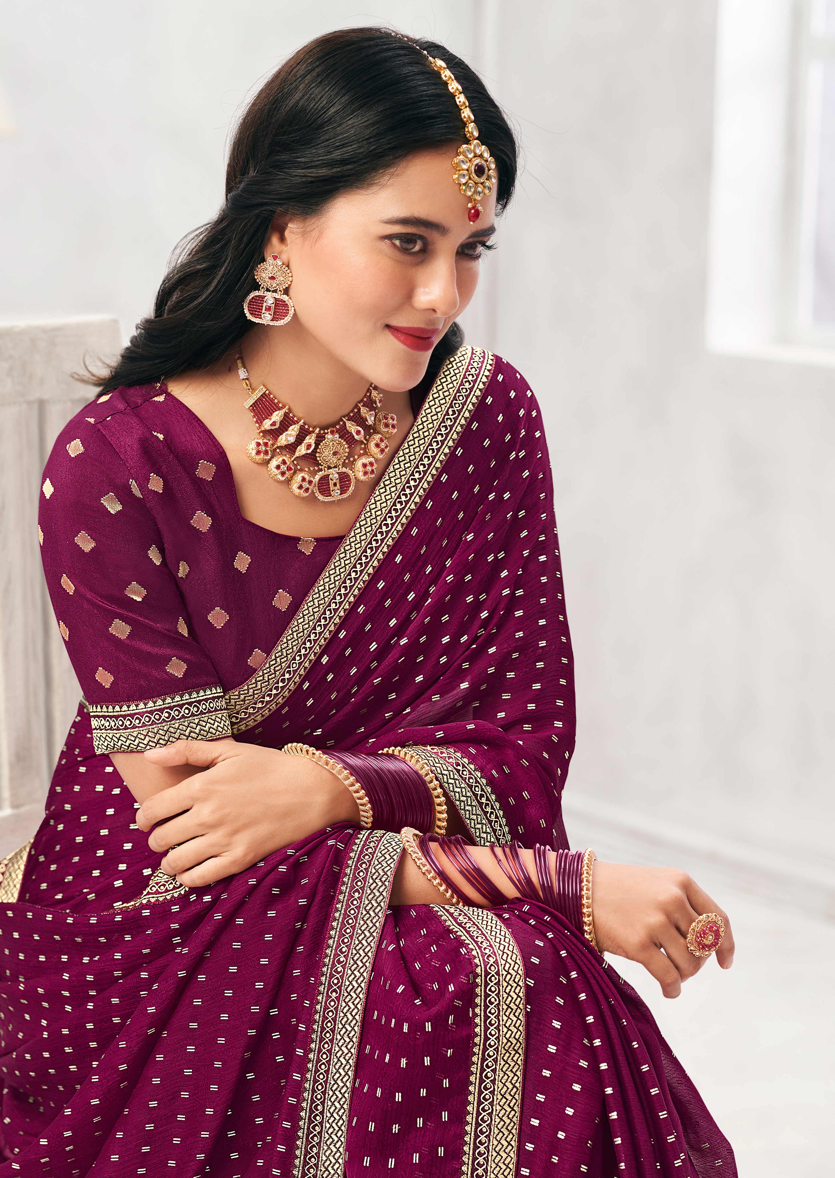 Wine Crepe Silk Saree with Foil Work - Chameli