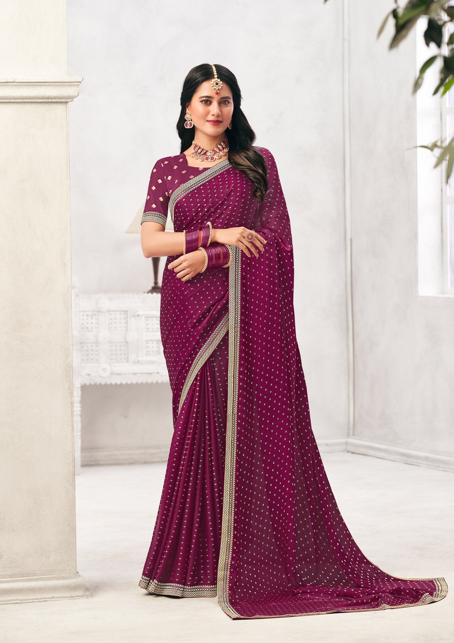 Wine Crepe Silk Saree with Foil Work - Chameli