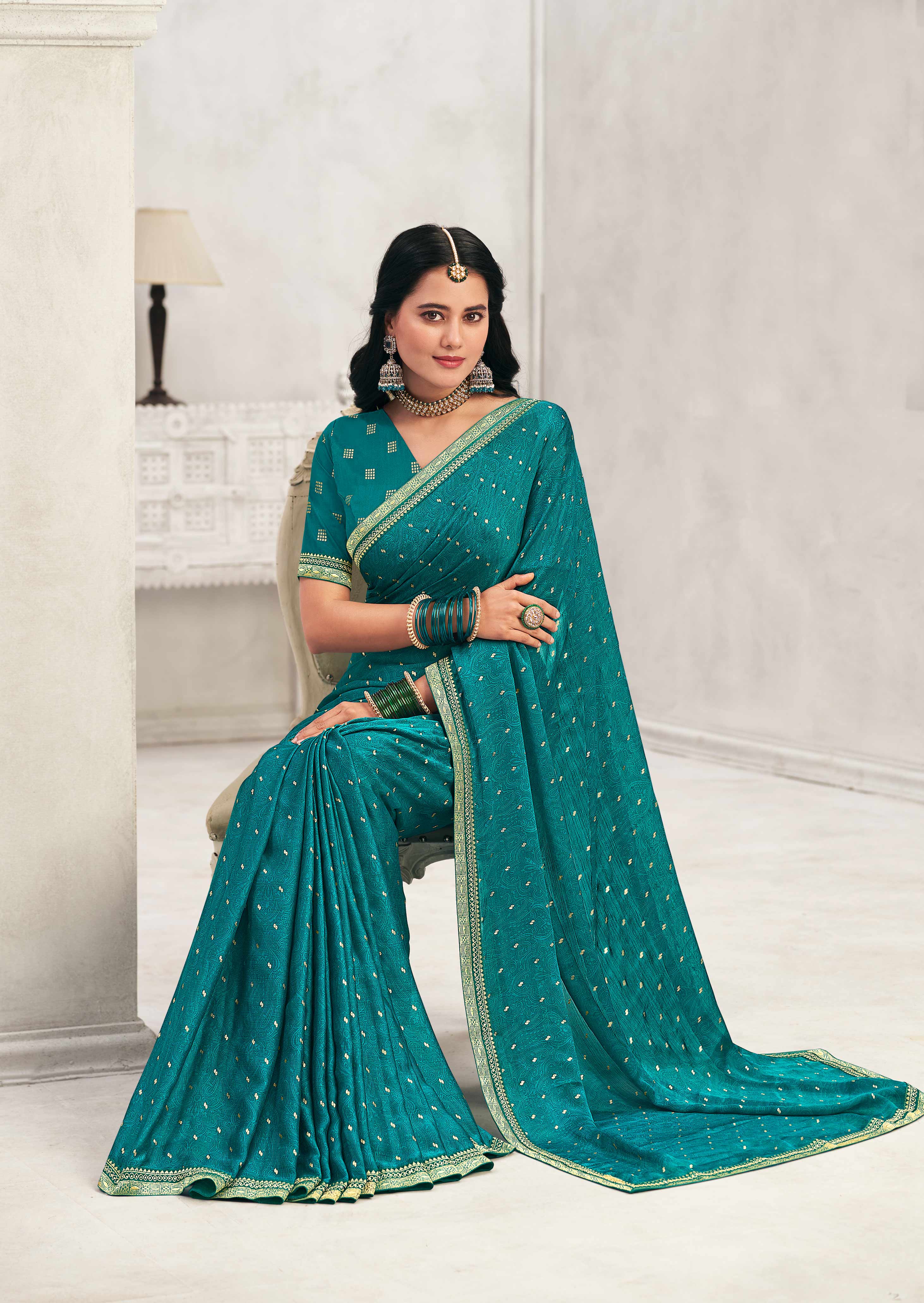 Teal Blue Crepe Silk Saree with Foil Work - Chameli