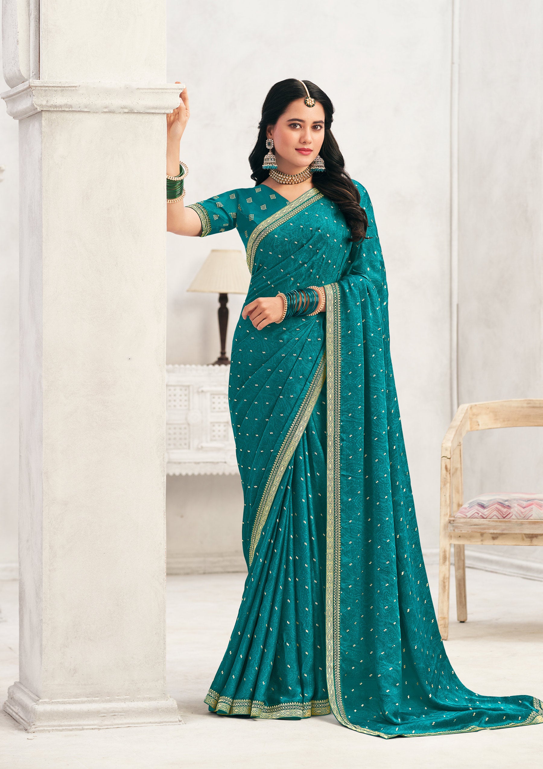Teal Blue Crepe Silk Saree with Foil Work - Chameli