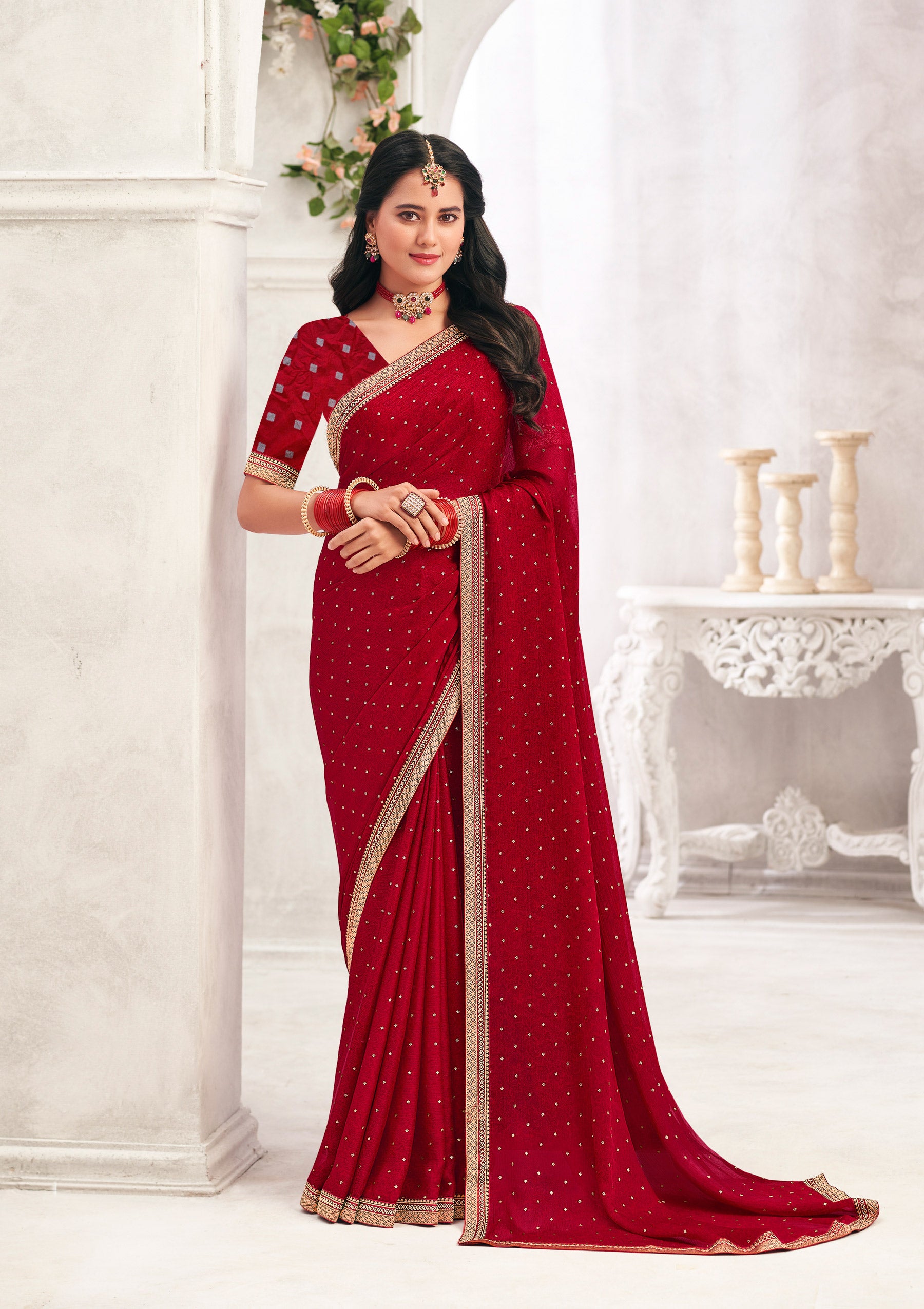 Red Crape Silk Saree with Foil Work - Chameli