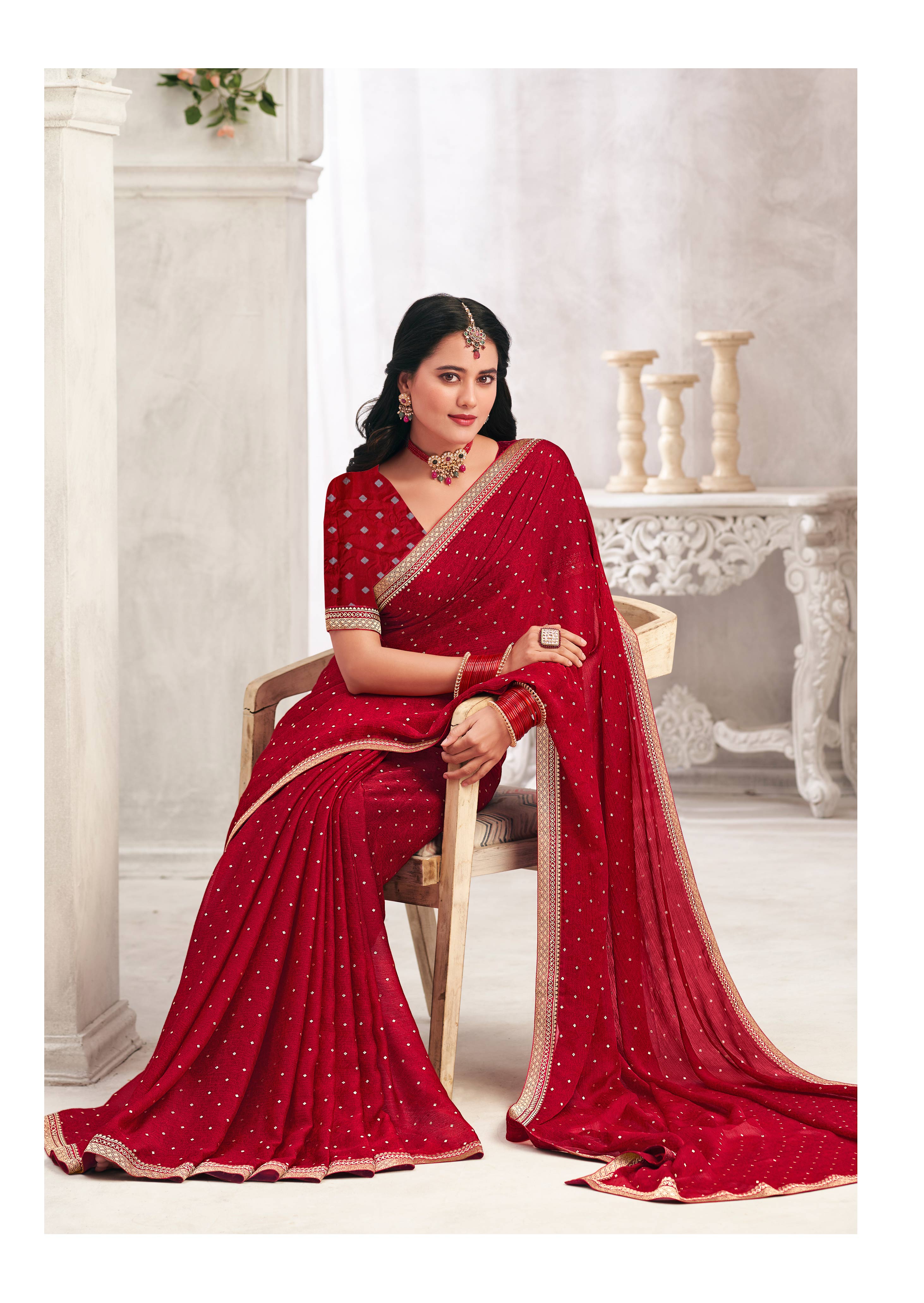 Red Crape Silk Saree with Foil Work - Chameli