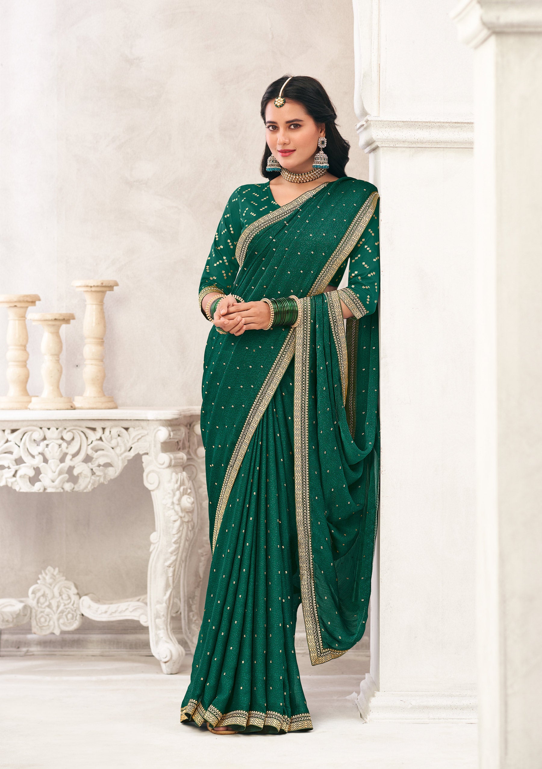 Green Crepe Silk Saree with Foil Work - Chameli