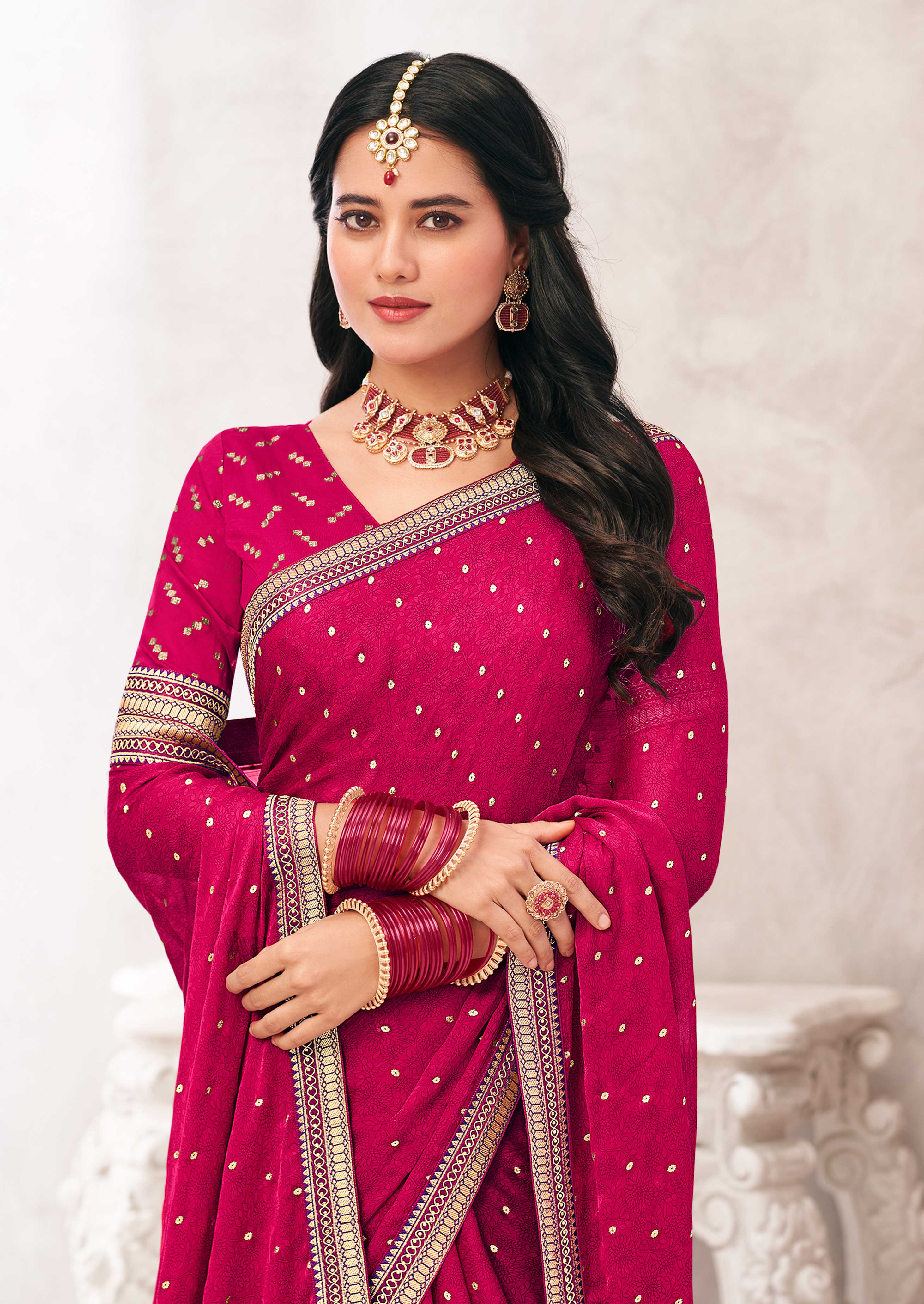 Pink Crepe Silk Saree with Foil Work - Chameli