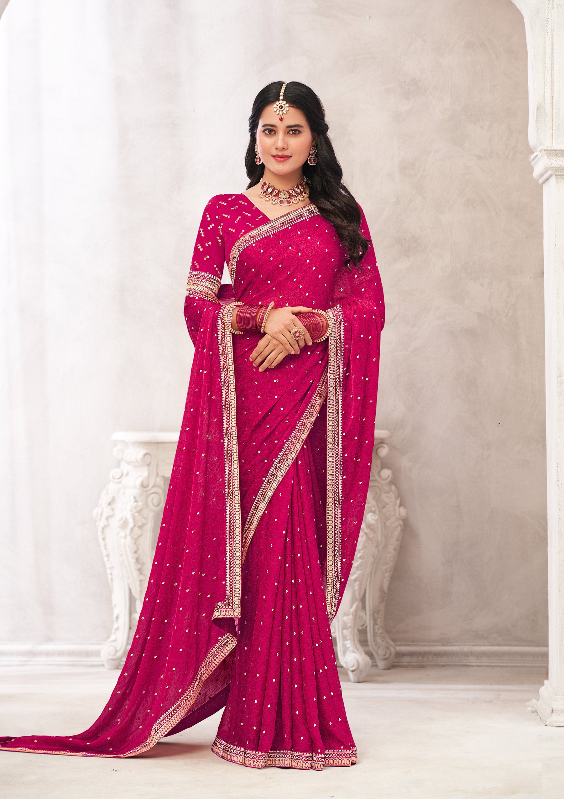Pink Crepe Silk Saree with Foil Work - Chameli