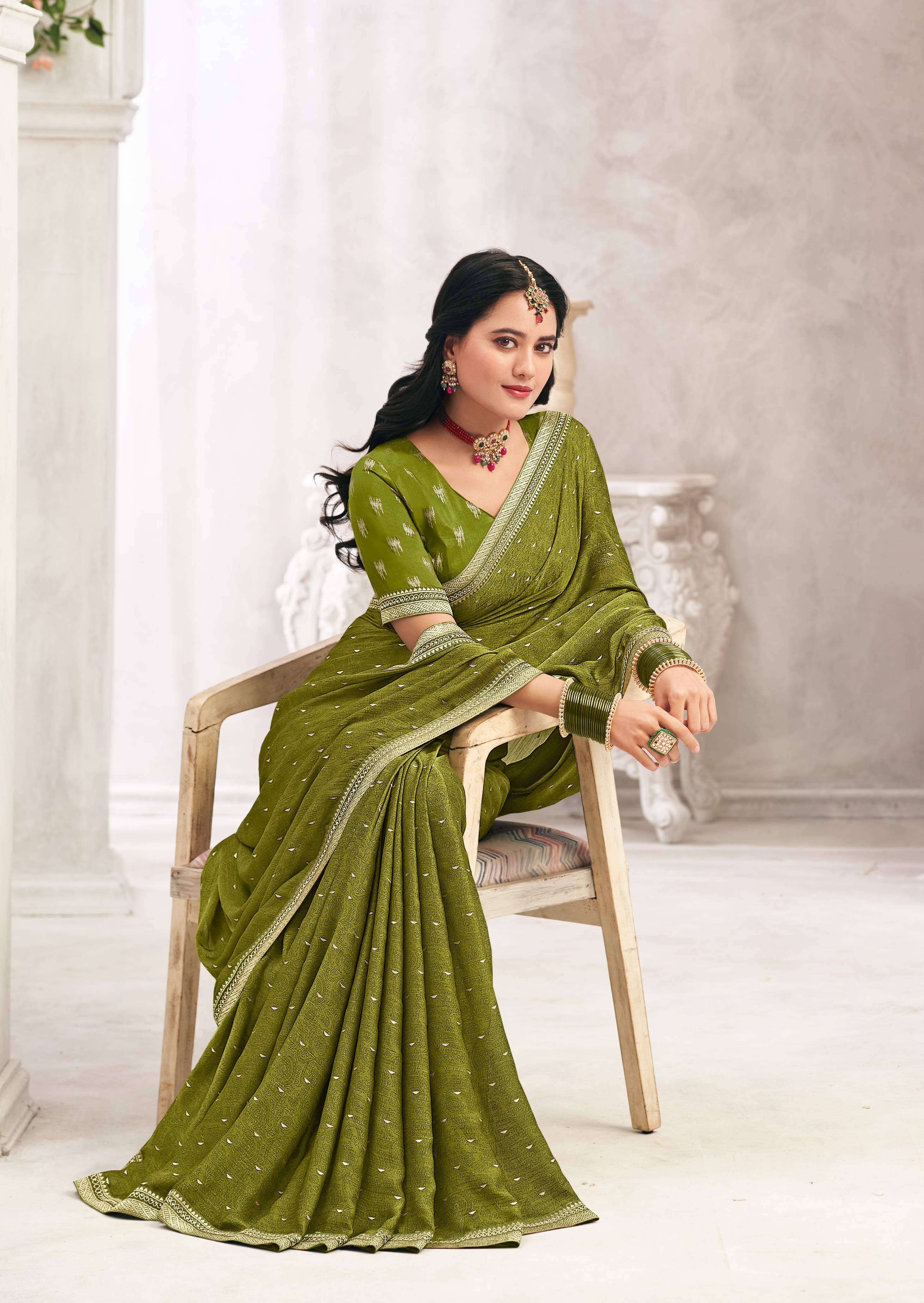 Olive Green Crepe Silk Saree with Foil Work - Chameli