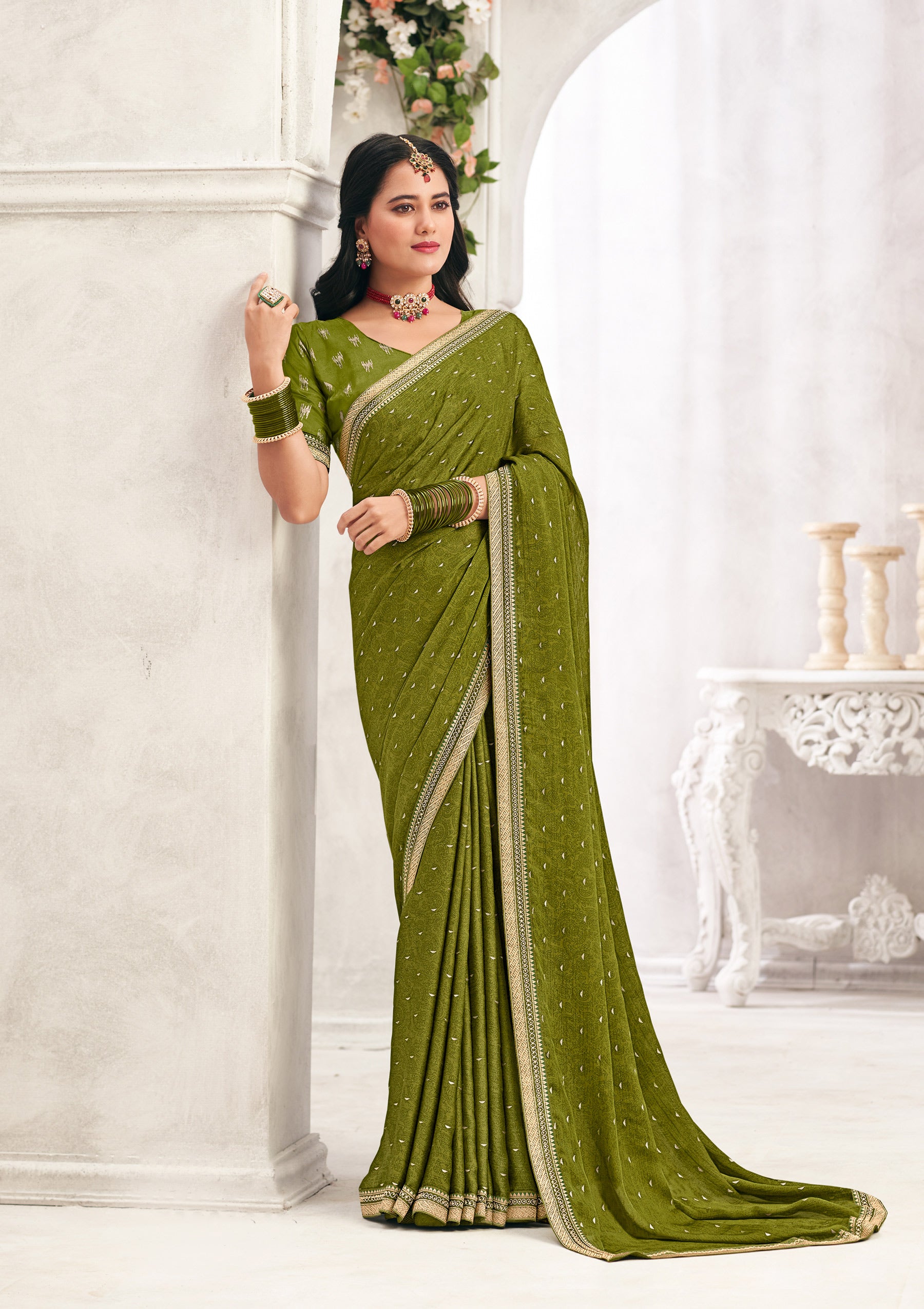 Olive Green Crepe Silk Saree with Foil Work - Chameli