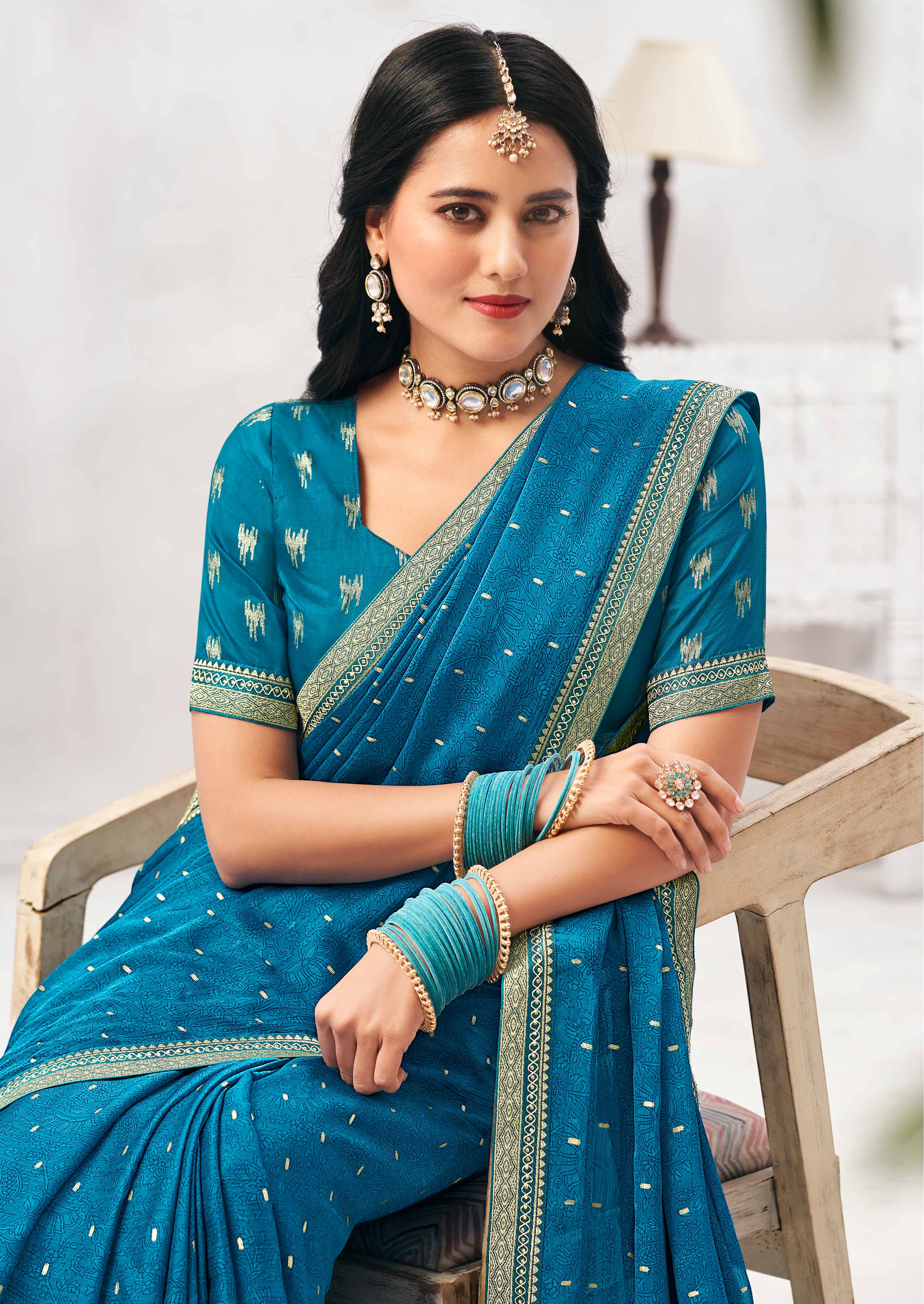 Blue Crepe Silk Saree with Foil Work - Chameli