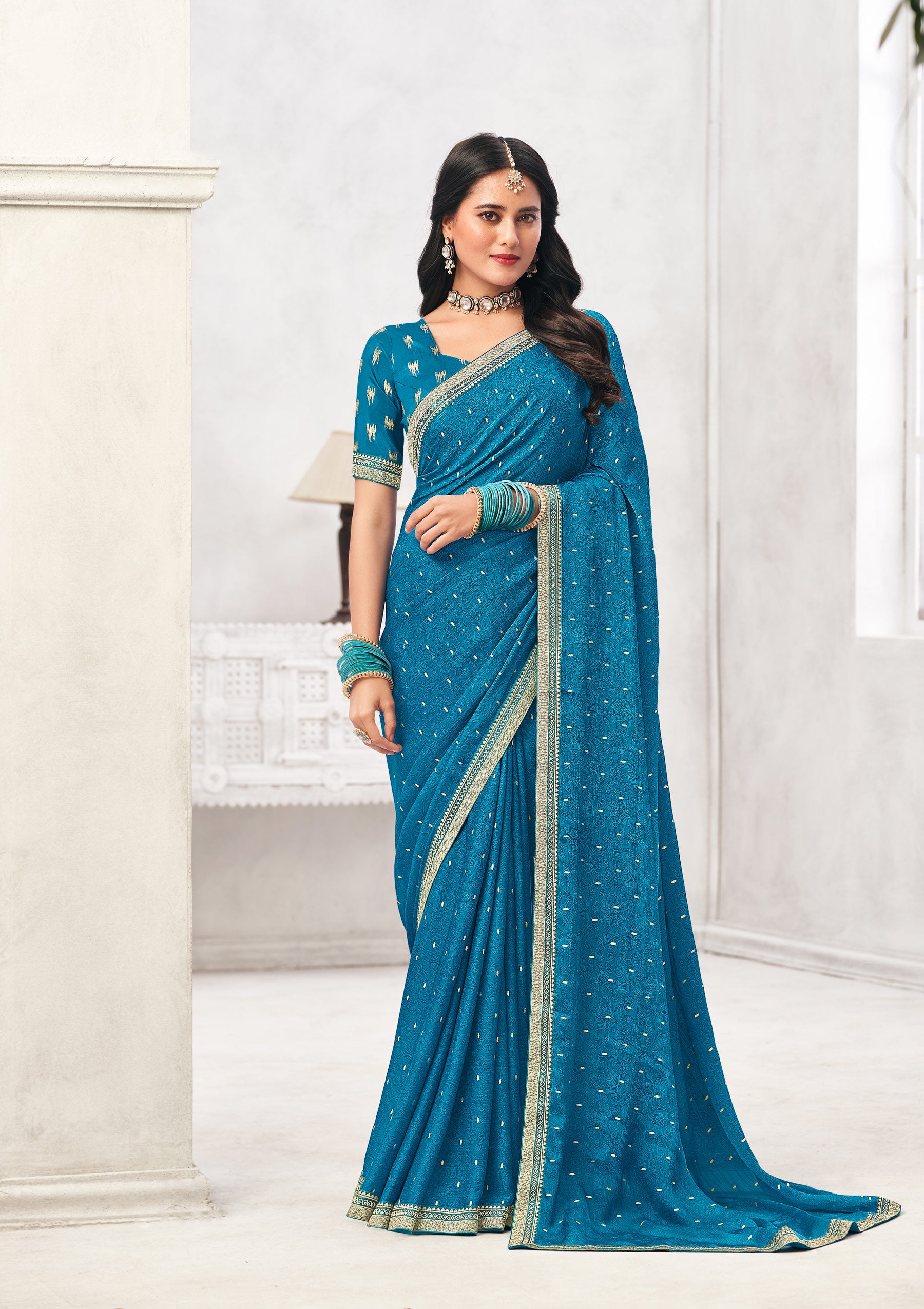 Blue Crepe Silk Saree with Foil Work - Chameli