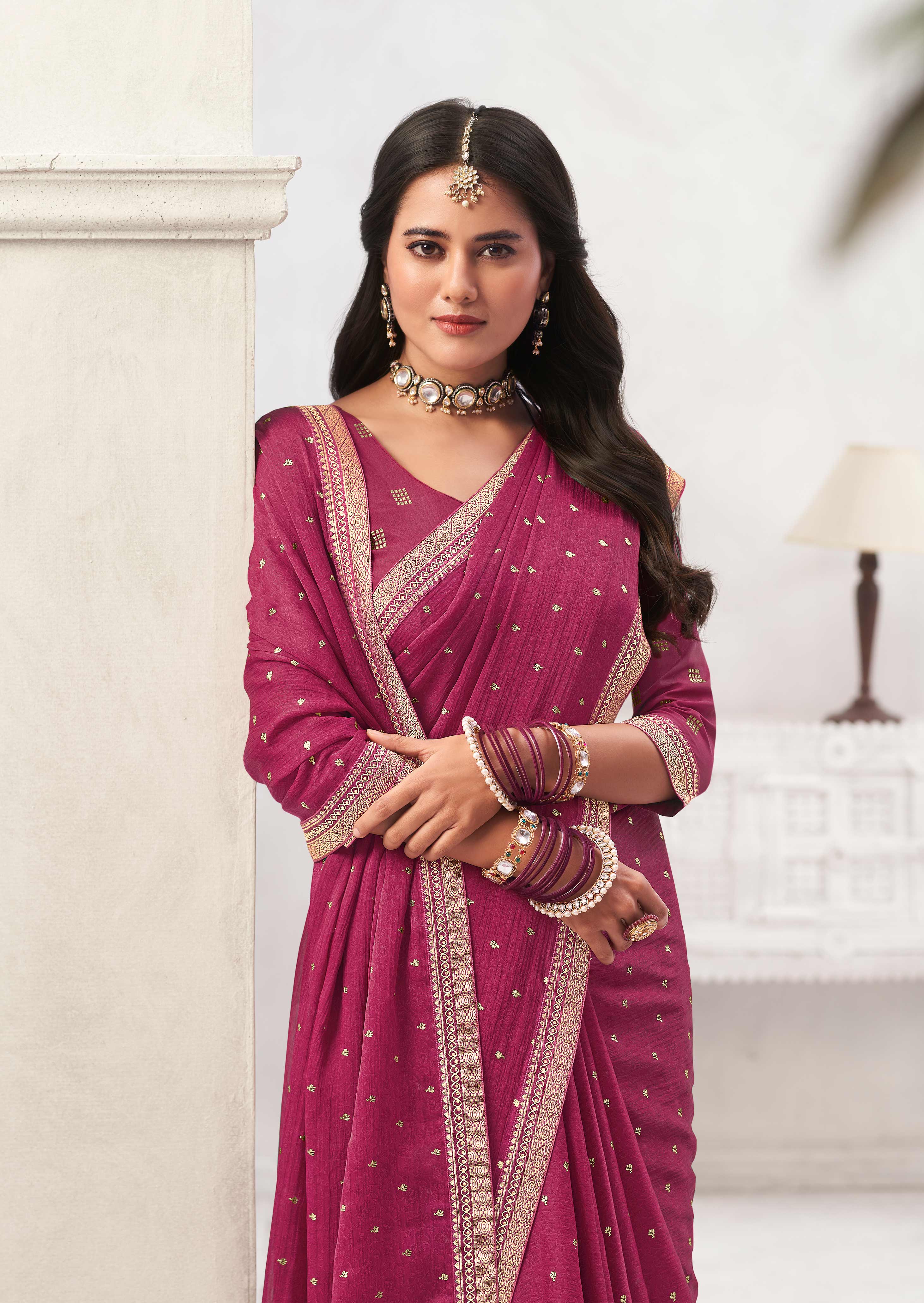 Maroon Crepe Silk Saree with Foil Work - Chameli