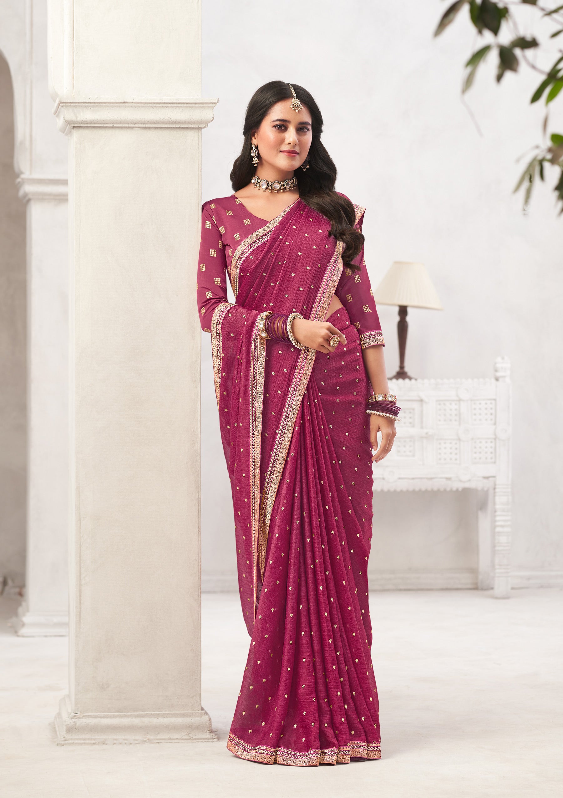Maroon Crepe Silk Saree with Foil Work - Chameli