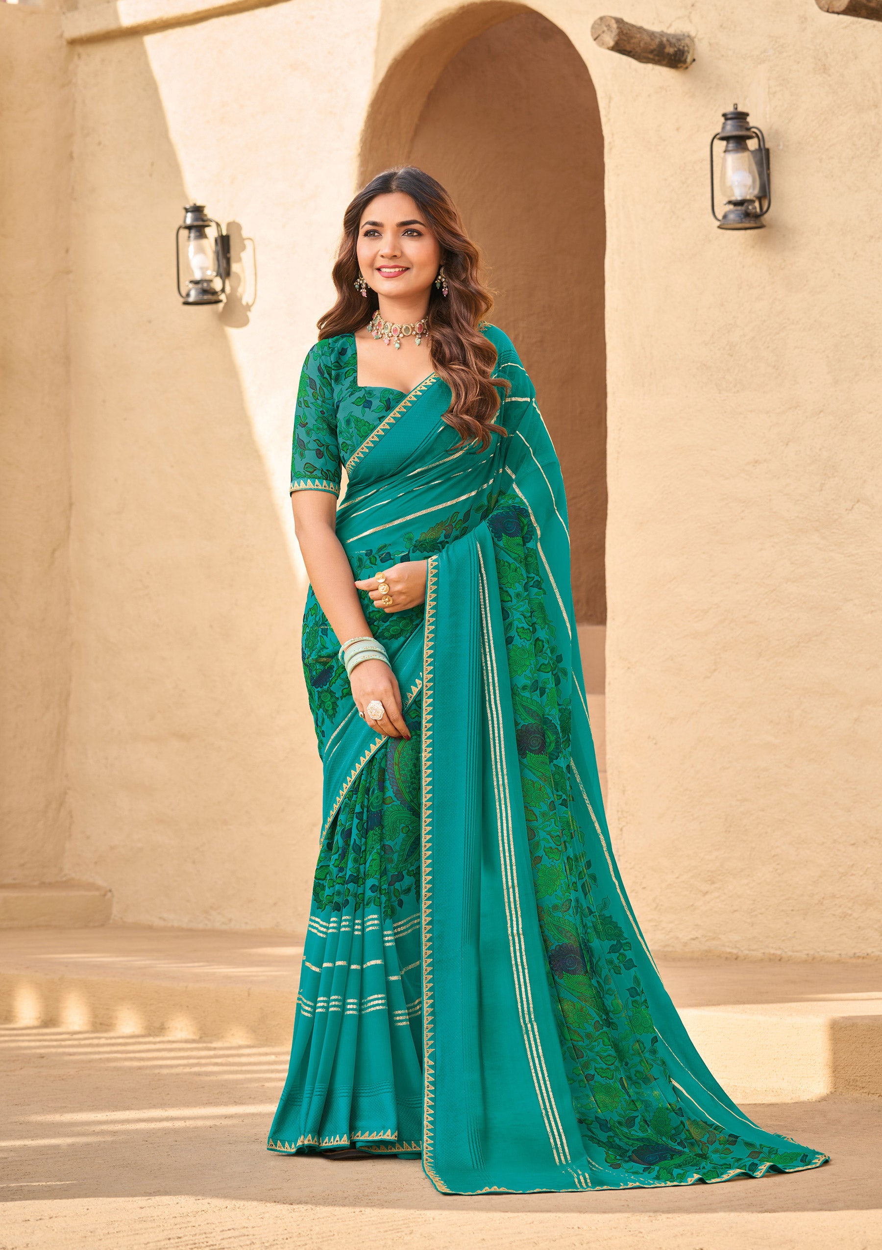 Ready to Wear Teal Georgette Saree with Floral Print - Shamli
