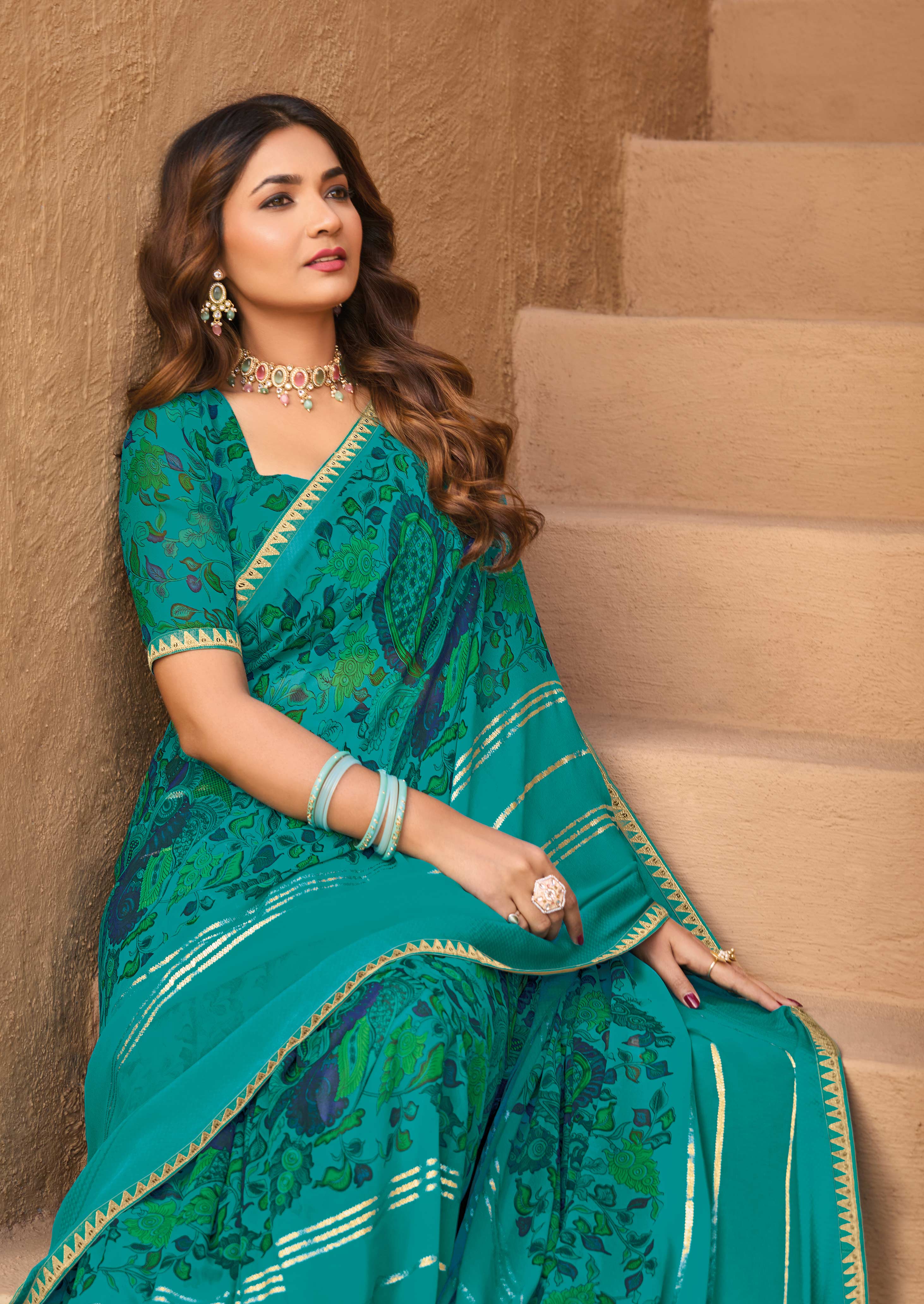 Ready to Wear Teal Georgette Saree with Floral Print - Shamli