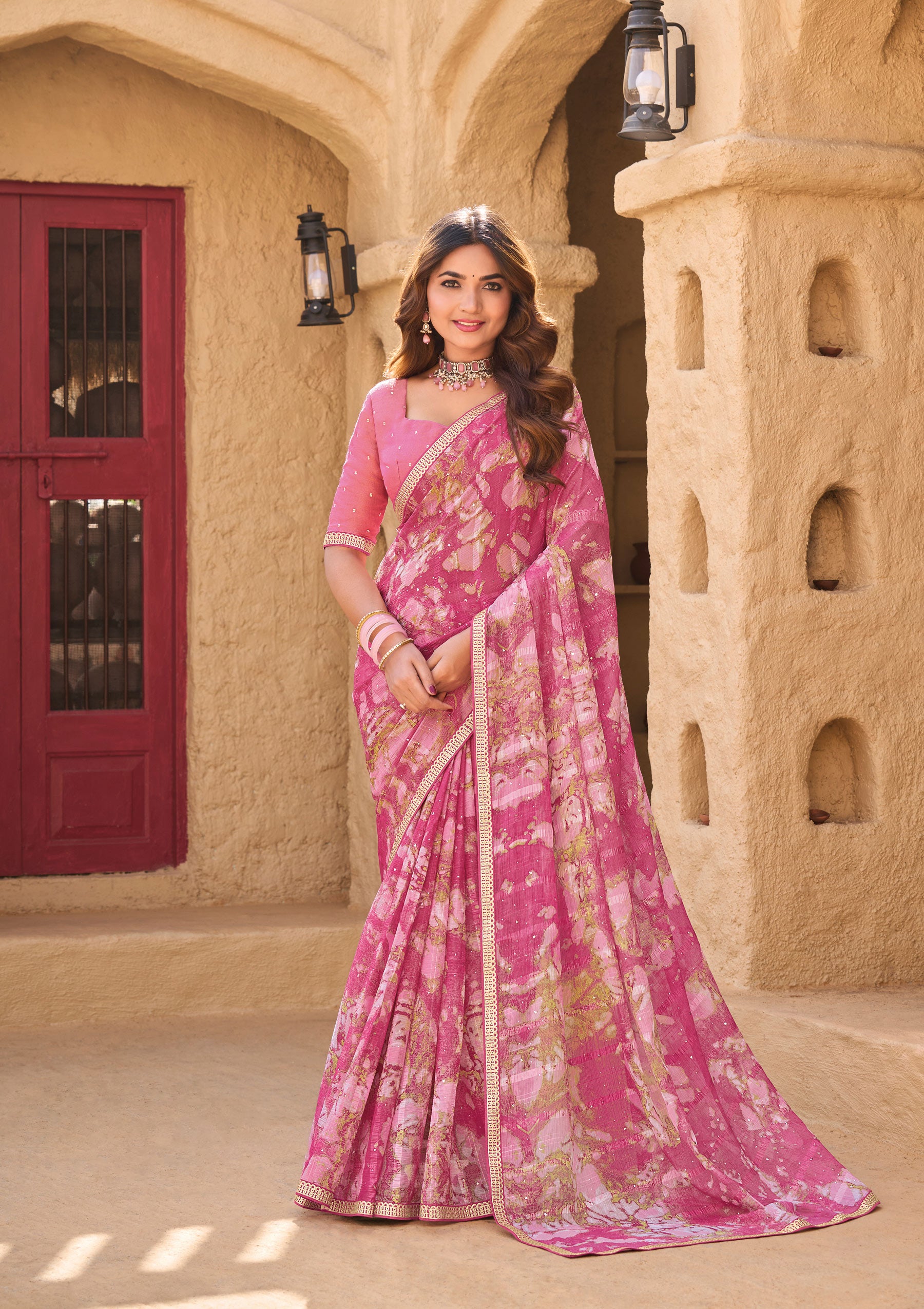 Pink Chiffon Saree with Abstract Print - Shamli