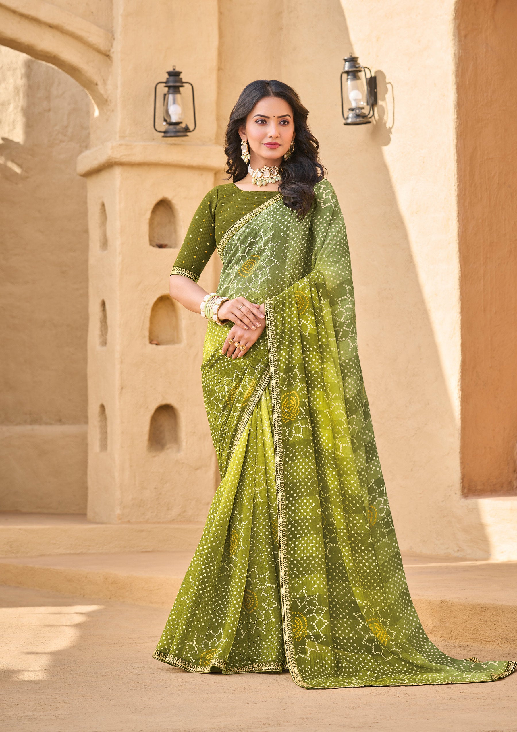 Olive Green Georgette Saree with Bandhani Print - Shamli