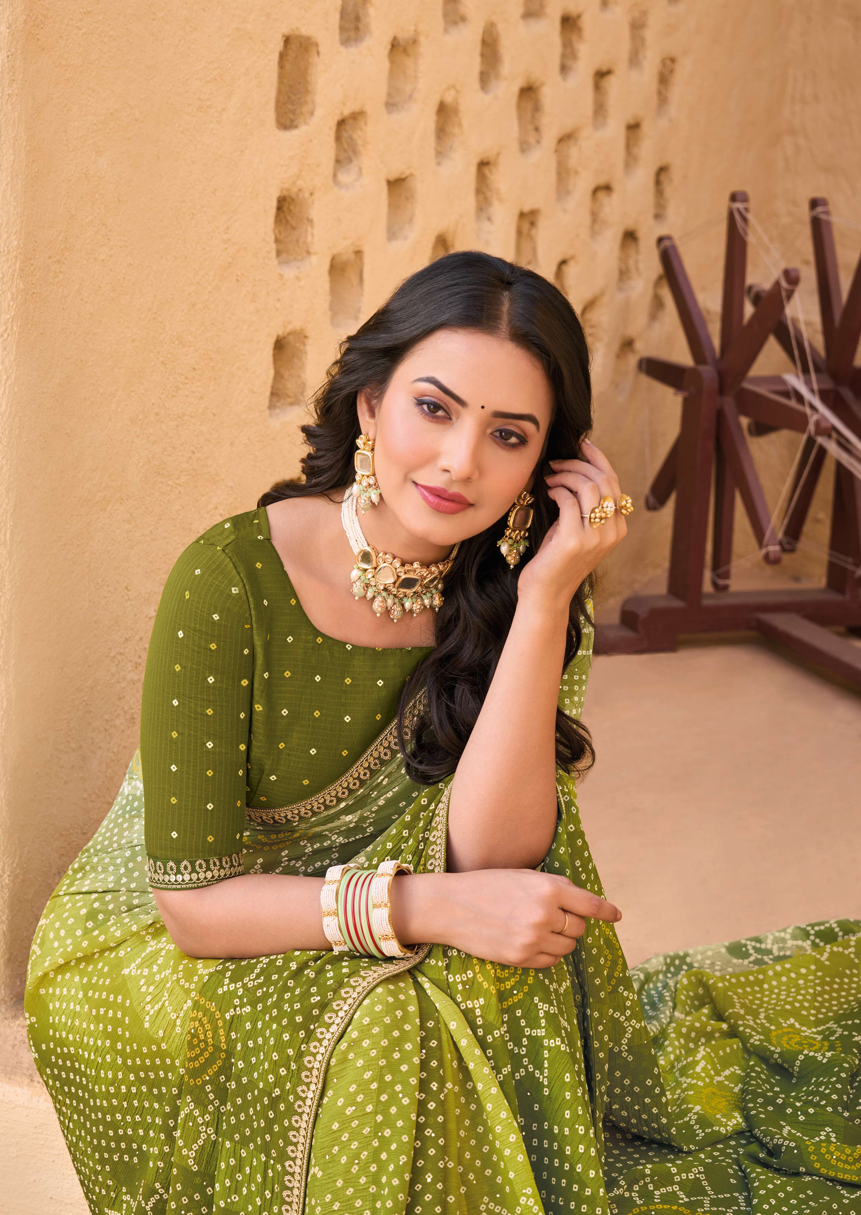 Olive Green Georgette Saree with Bandhani Print - Shamli