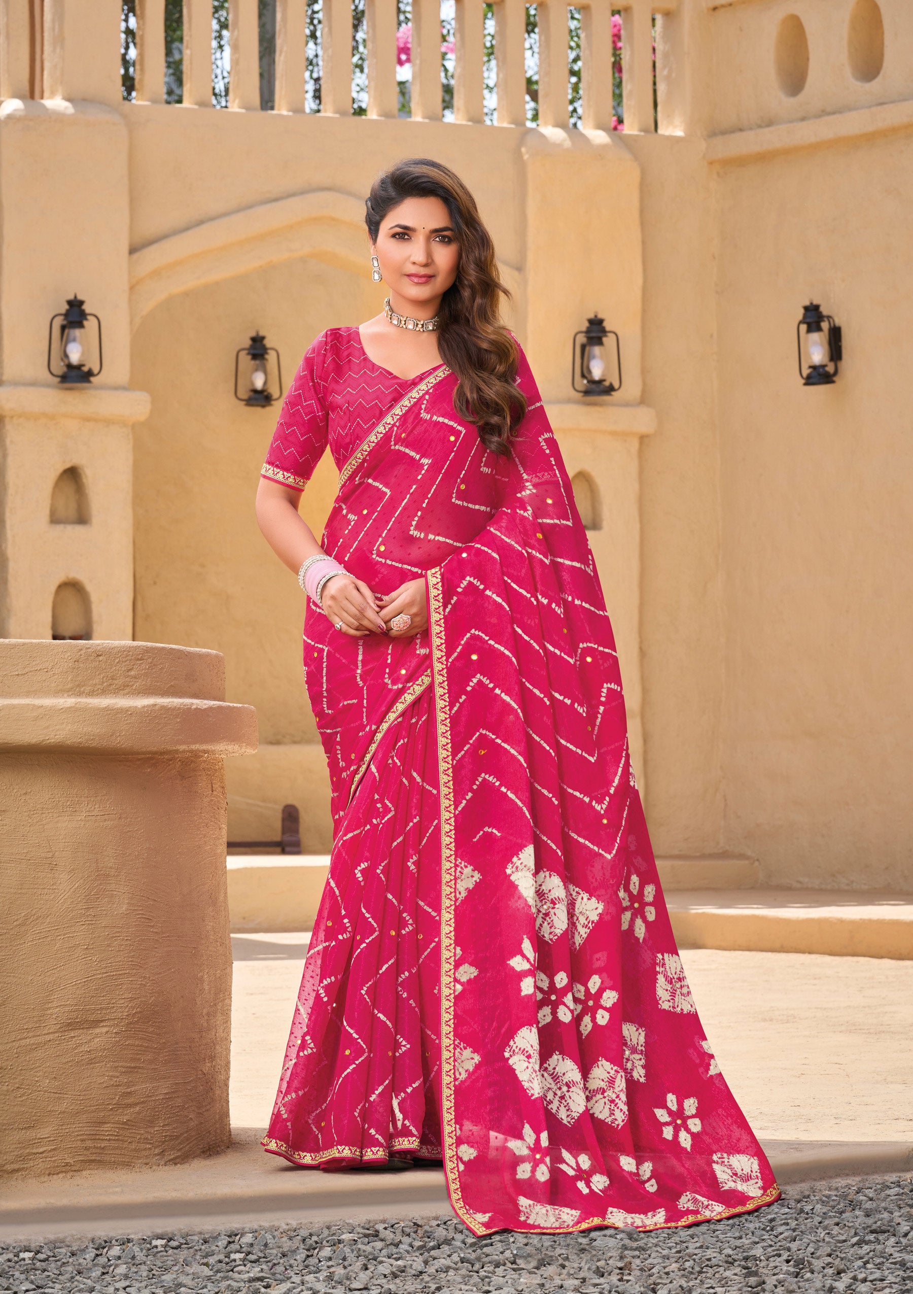 Pink Chiffon Saree with Floral & Geometric Print - Shamli