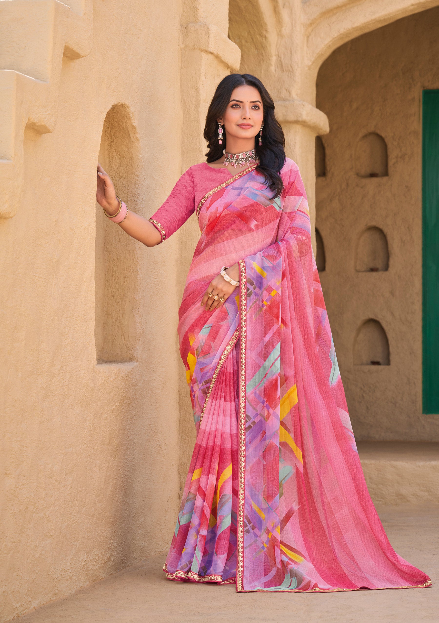 Pink Chiffon Saree with Geometric Pattern - Shamli