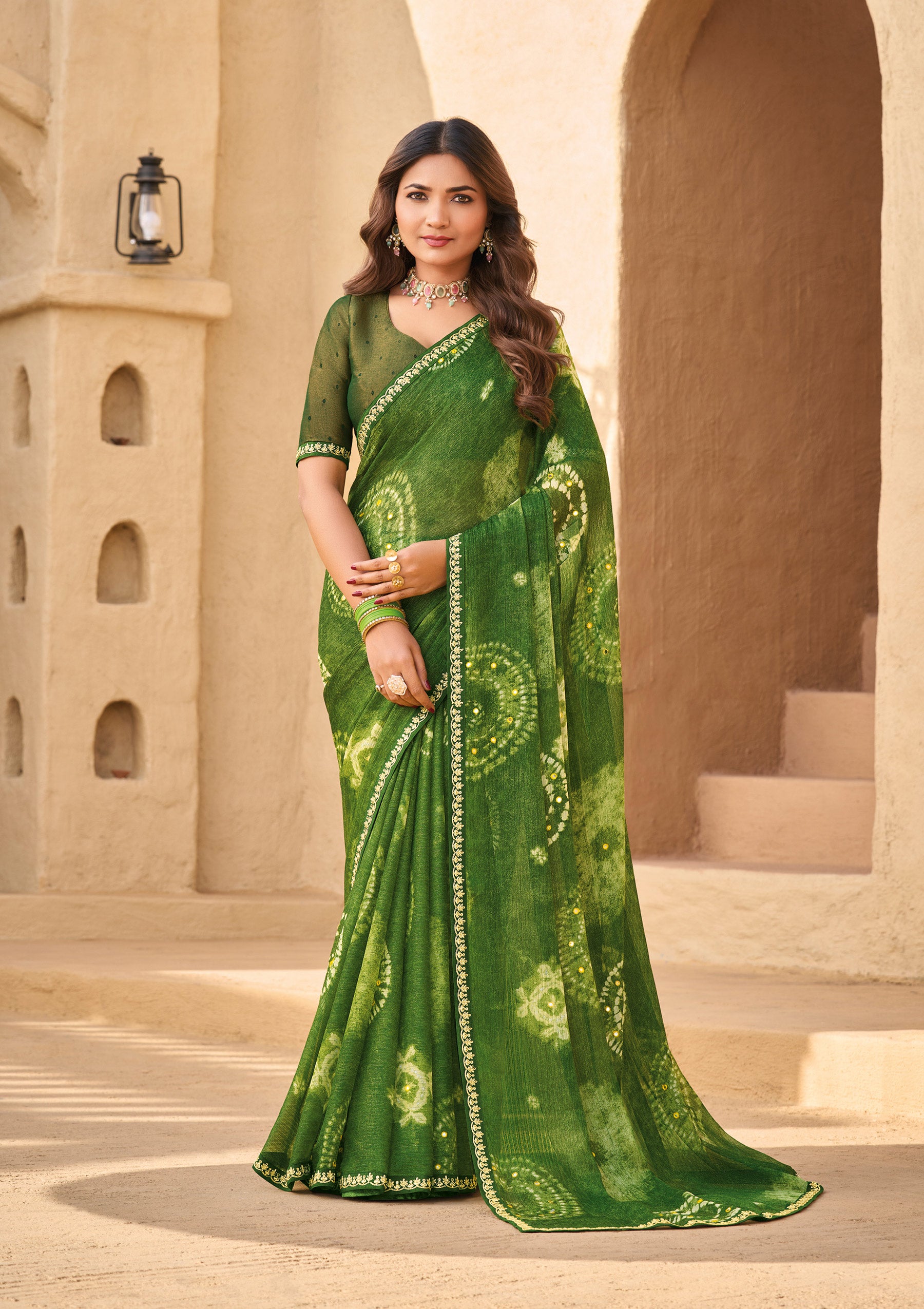 Green Chiffon Saree with Geometric Print - Shamli