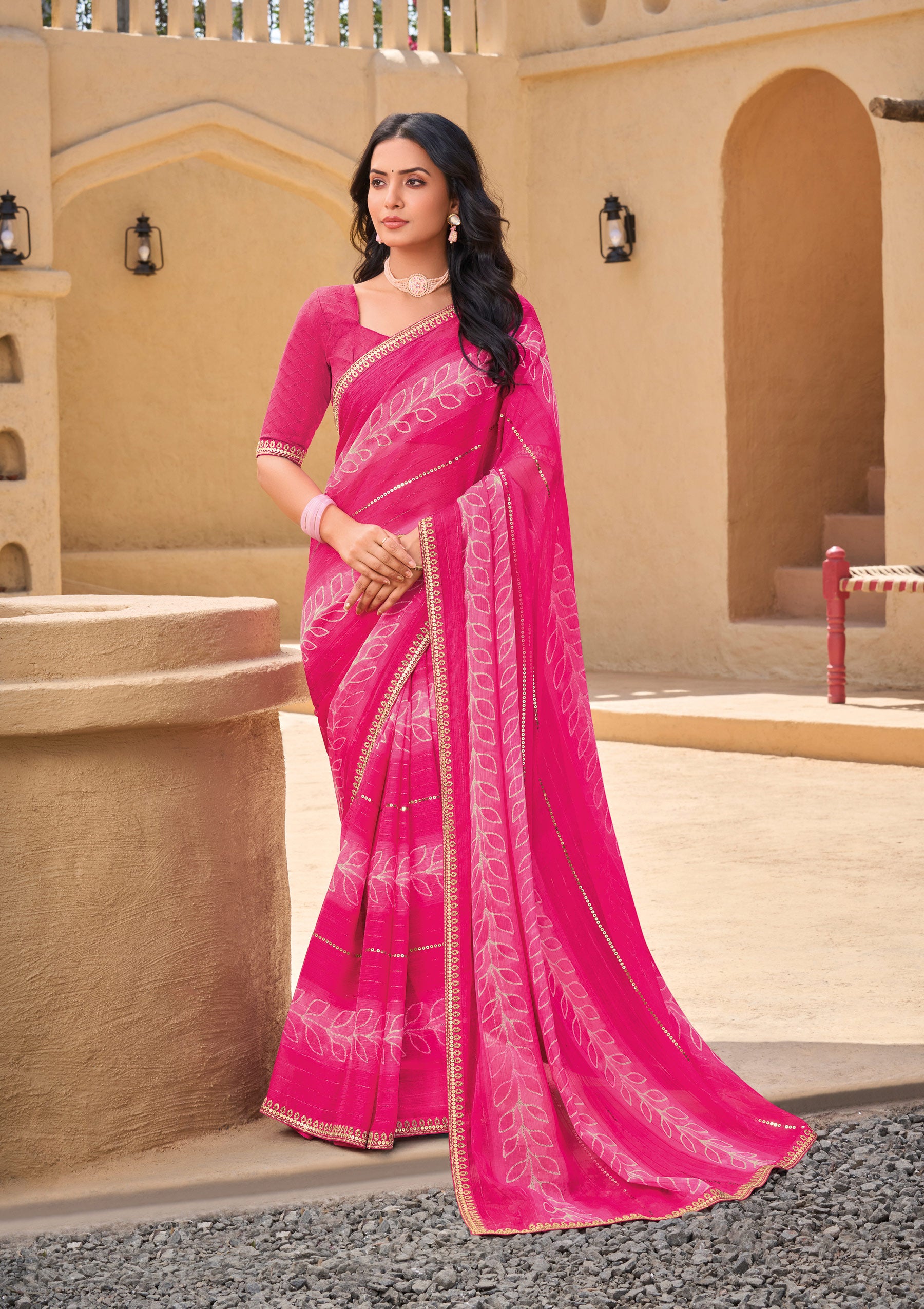 Pink Chiffon Saree with Floral Print - Shamli