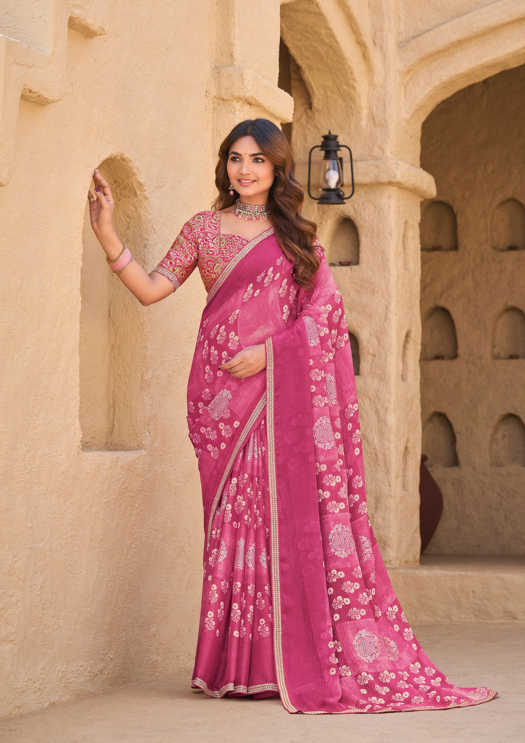 Pink Chiffon Saree with Floral Print - Shamli