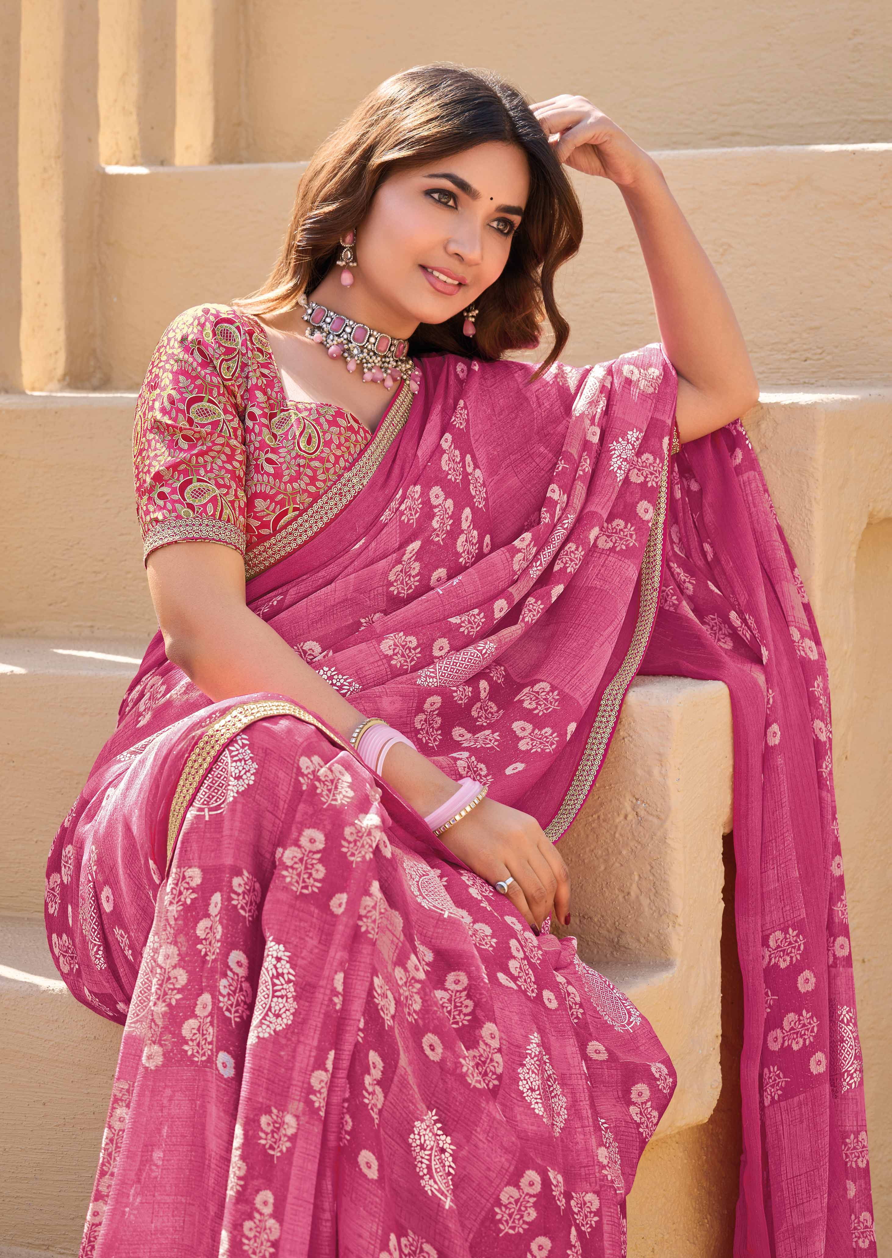 Pink Chiffon Saree with Floral Print - Shamli