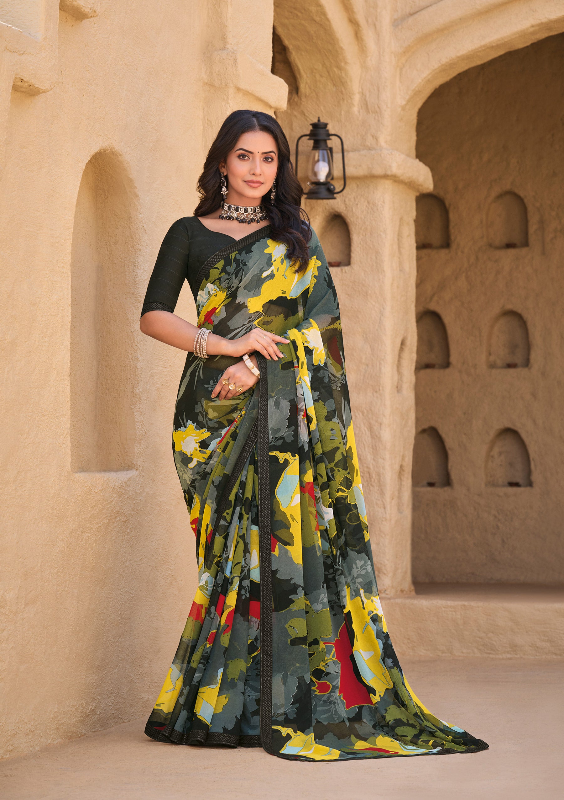 Black Georgette Saree with Multicolor Abstract Print - Shamli