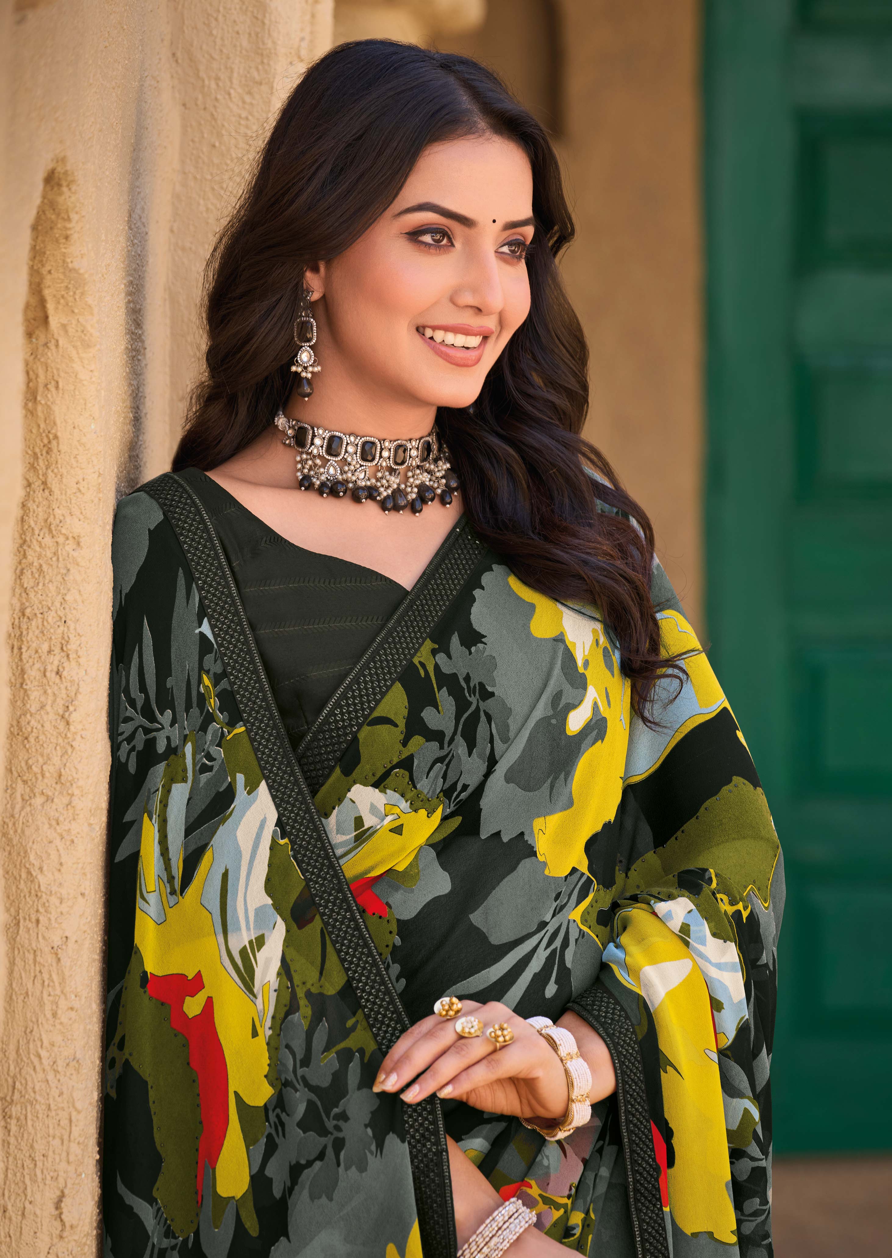 Black Georgette Saree with Multicolor Abstract Print - Shamli