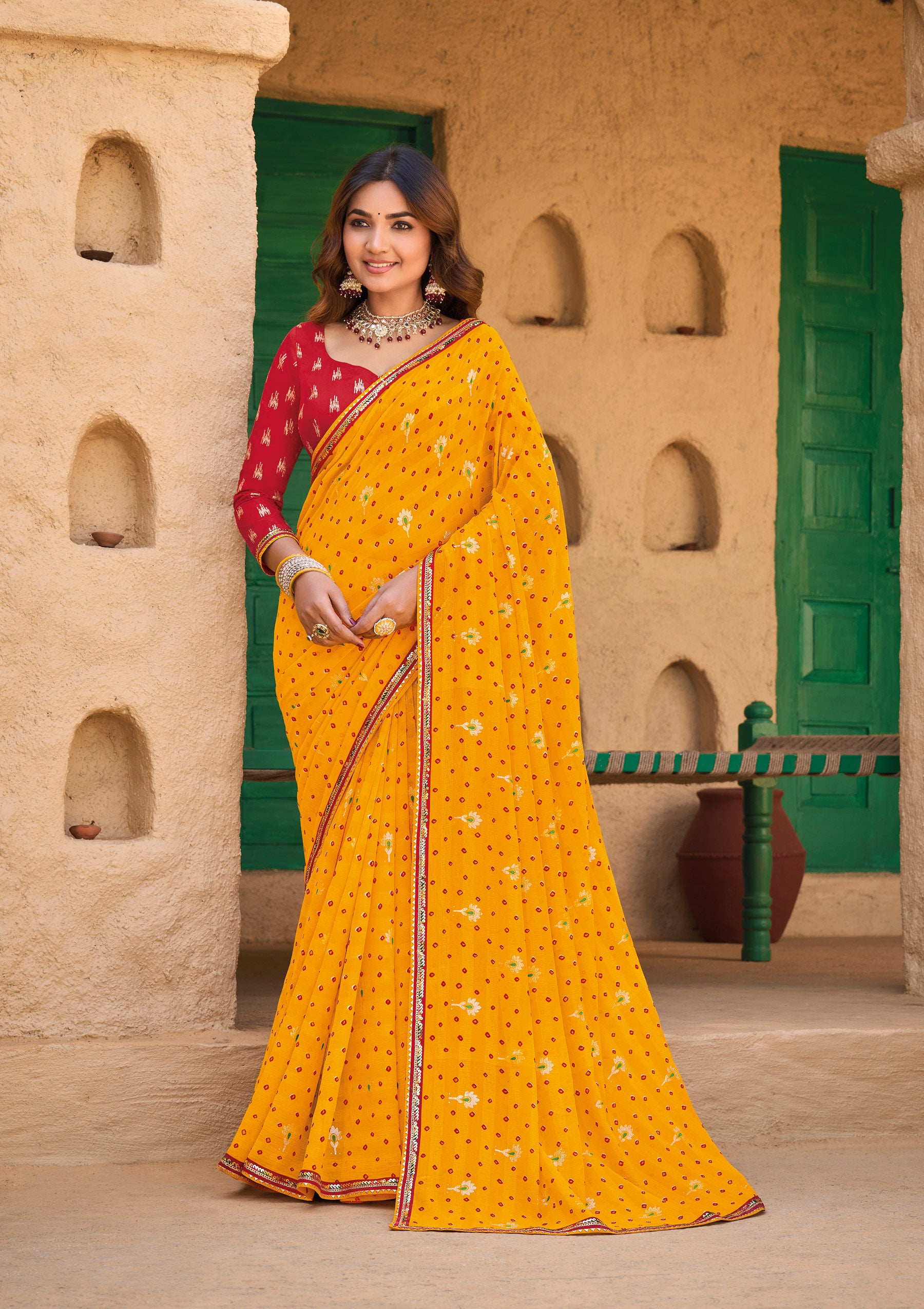 Mustard Georgette Bandhani Print Saree - Shamli