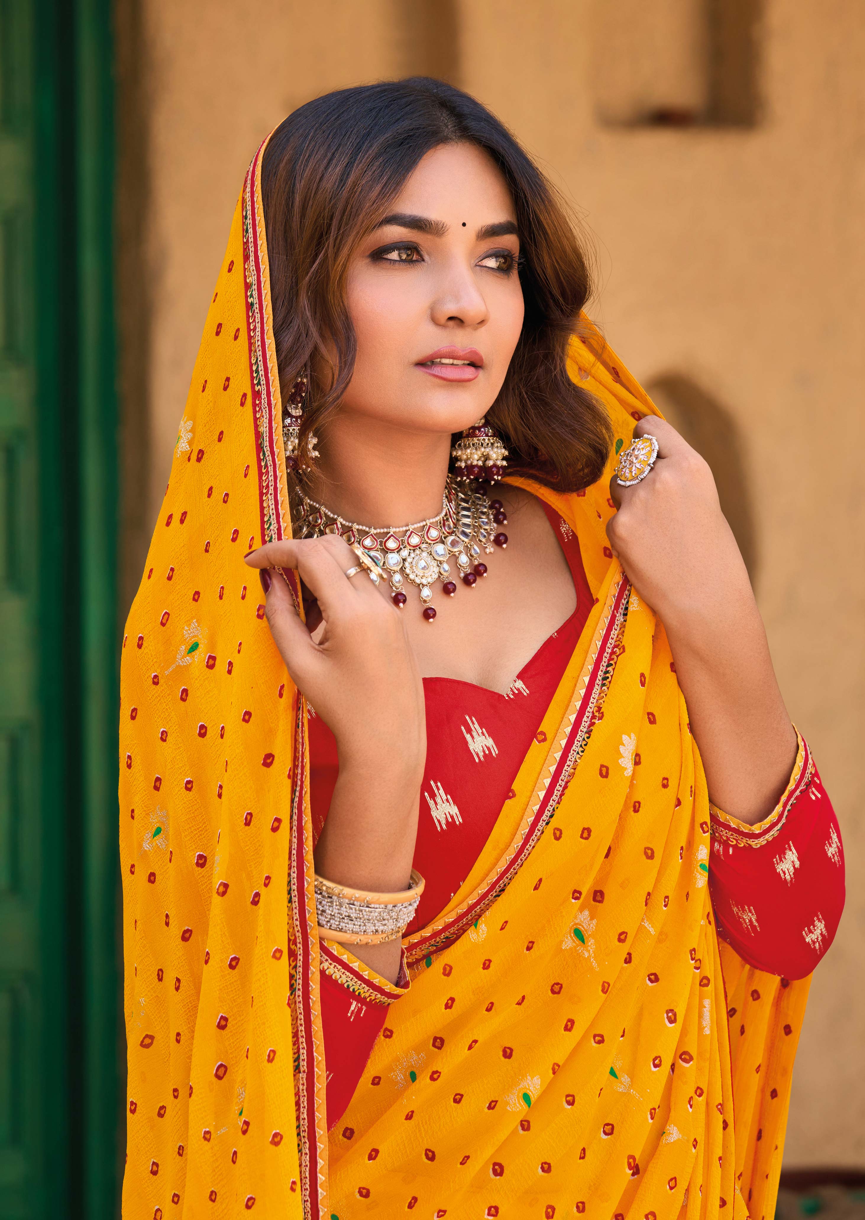 Mustard Georgette Bandhani Print Saree - Shamli