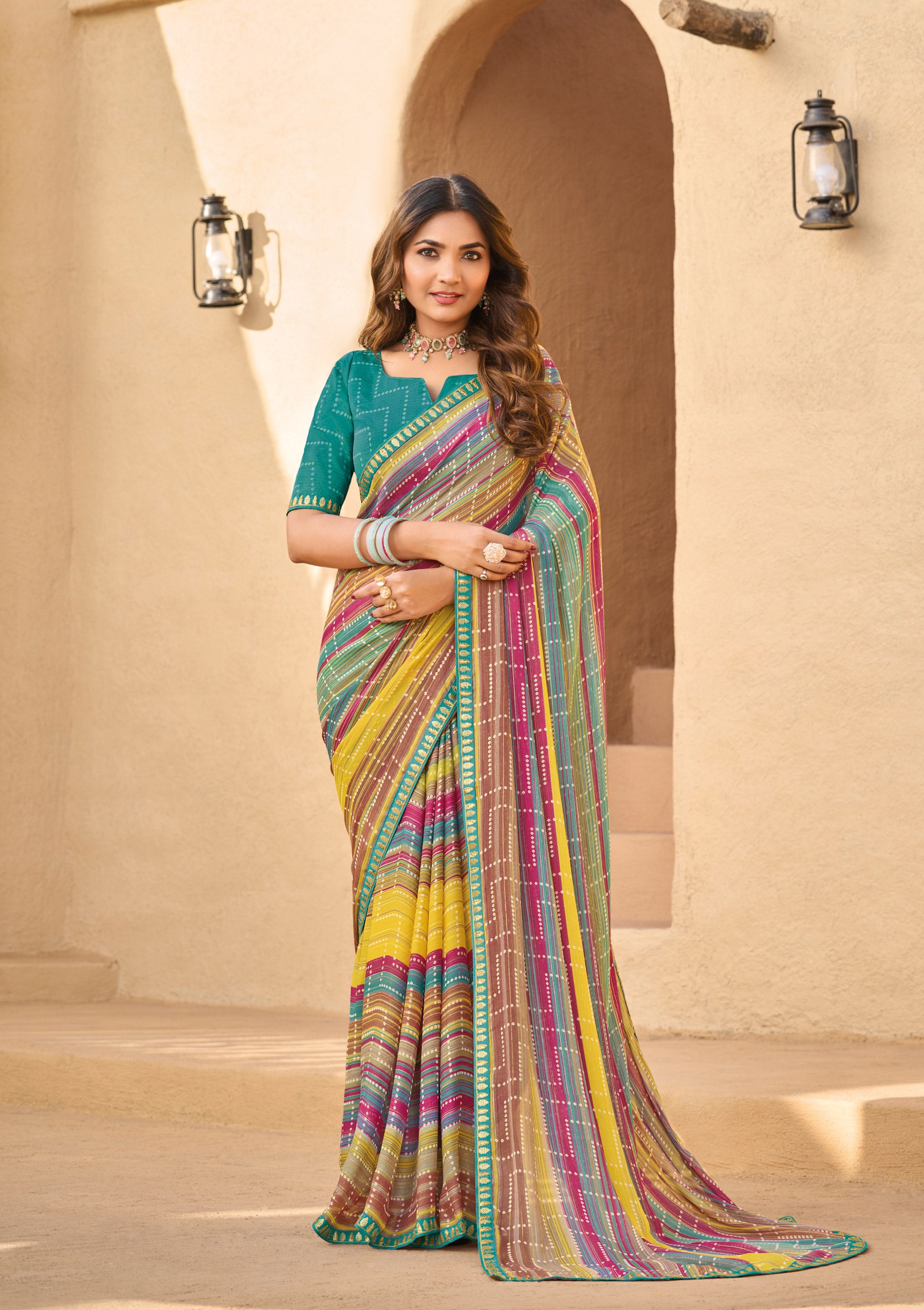 Multicolor Striped Georgette Saree - Shamli
