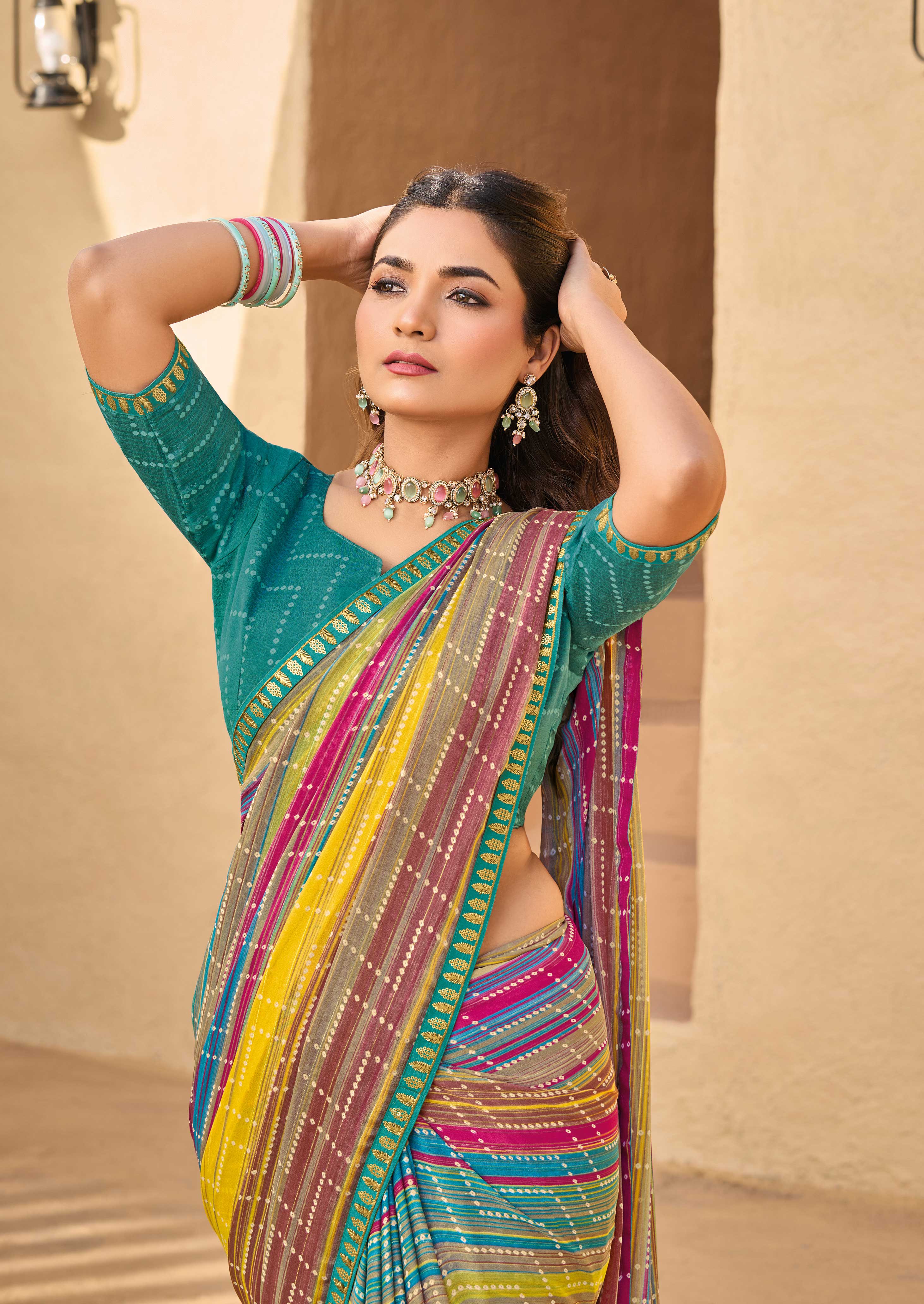 Multicolor Striped Georgette Saree - Shamli